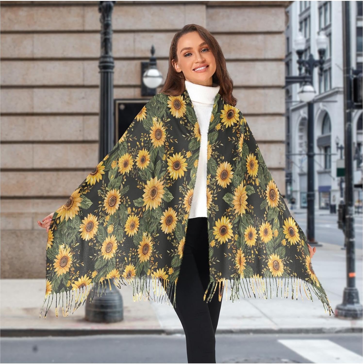 Winter Scarf for Women Yellow Sunflower and Black Background Fashion Tassel Shawl Wraps for Women, Cold Weather Warm Womens Scarves Soft Long Scarf Gifts