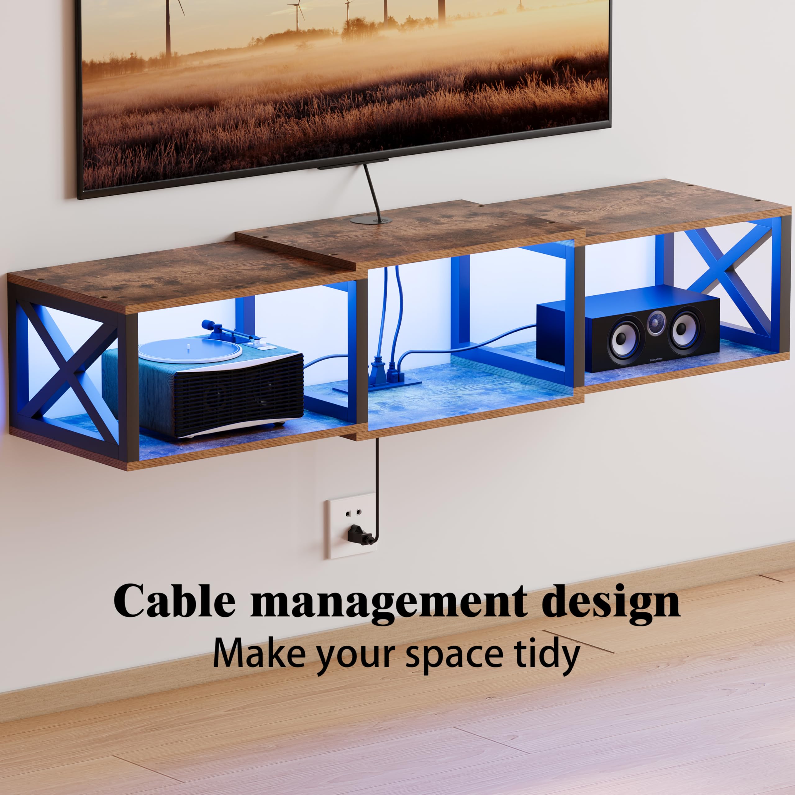 Soporte de TV flotante con tomas de corriente, consola de entretenimiento montada en la pared con luz LED, estante de TV flotante para almacenamiento debajo del televisor (marrón rústico, 46 6