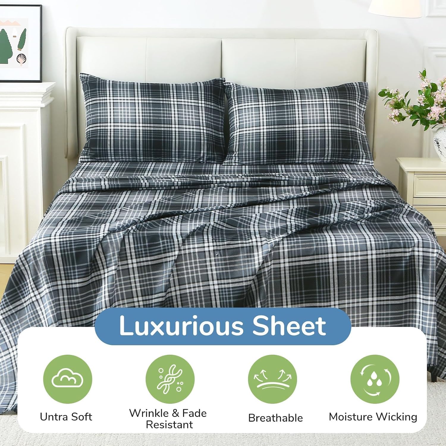 muxhomo queen size 4 piece sheet set, soft breathable bed sheet set for bedroom with deep pocket up to 16", wrinkle-free & cooling bedding for oeko-tex certified - black/white plaid queen black/white plaid