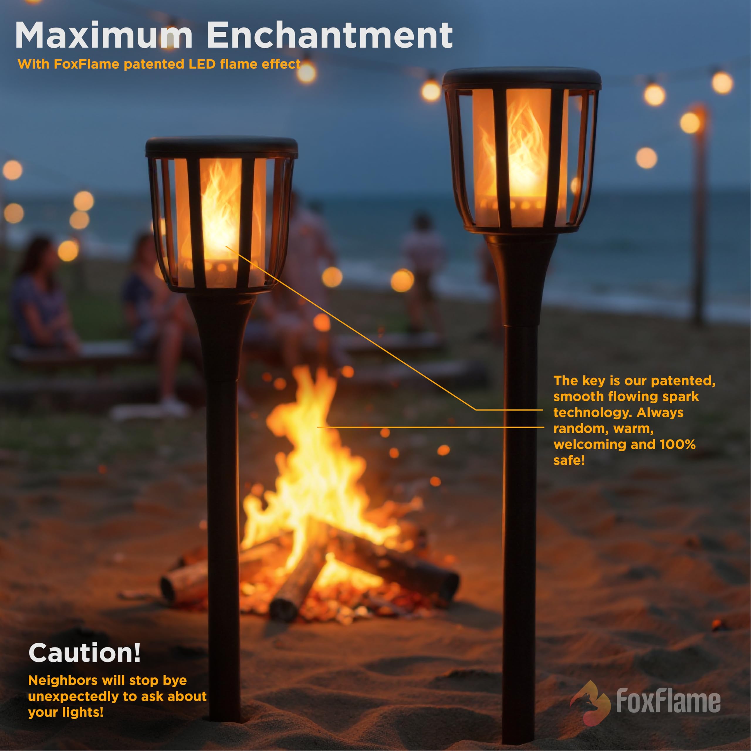 FoxFlame Rustikale Solar-Landschaftslichter, realistische flackernde Flamme, patentierte LED, verstellbare Höhe, Wegelichter, solarbetriebene Taschenlampe mit Stangen für Garten, Hof und Terrasse
