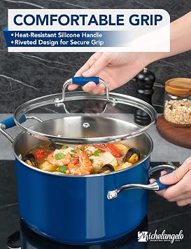MICHELANGELO Stainless Steel Stock Pots - Induction Soup Pot with Lid, 6 Qt Non-Toxic Cooking Pot, Oven & Dishwasher Safe, Blue Exterior
