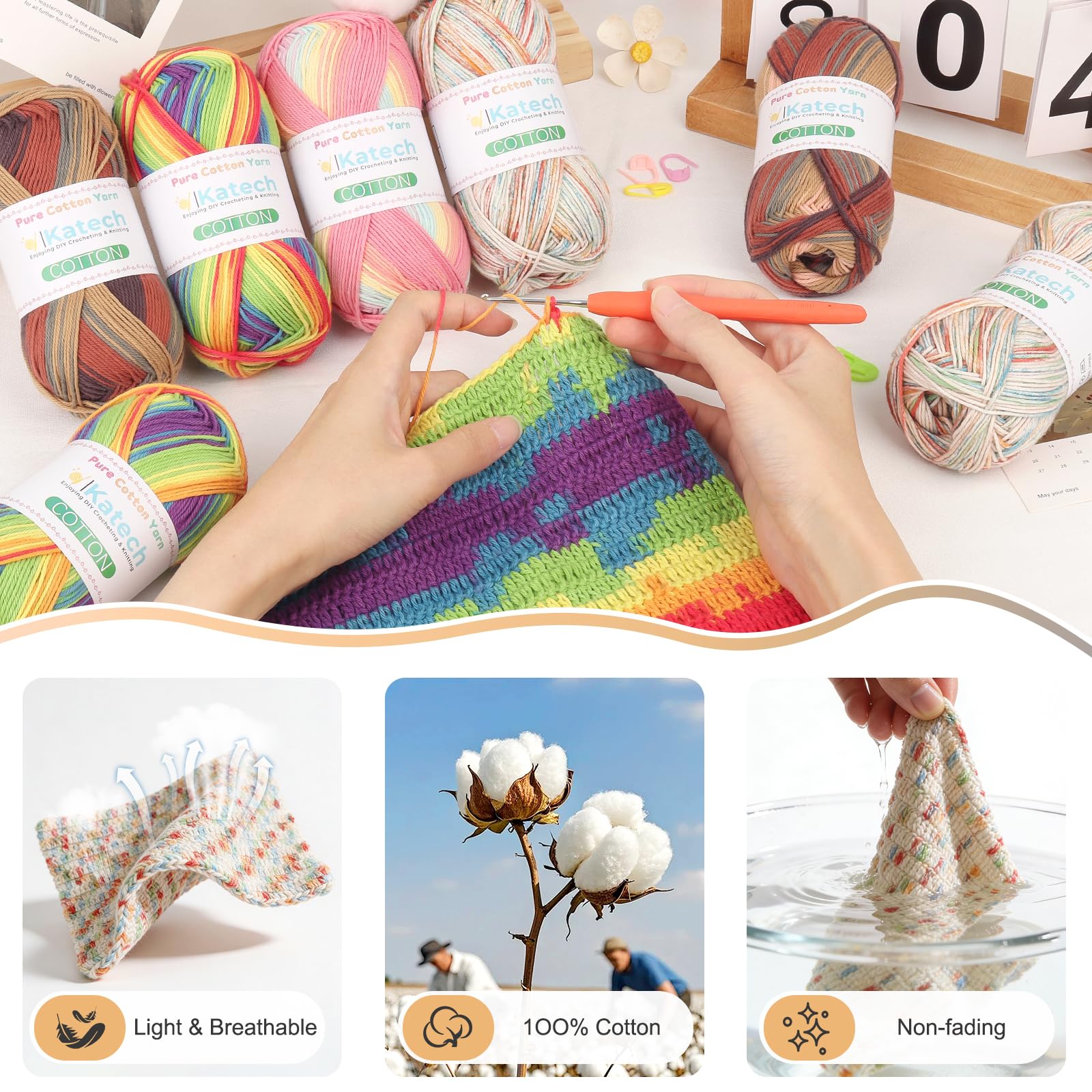 Katech 1OO% Ombre Cotton Yarn for Crocheting - 2 Sport Weight Baby Yarn for Knitting - 6 Pcs of 50g(1.76oz)/160m(175yd), Fine Soft Multicolor Yarns for Baby Blankets, Afghans, Shawls, Dress, Hats (D) — view 3