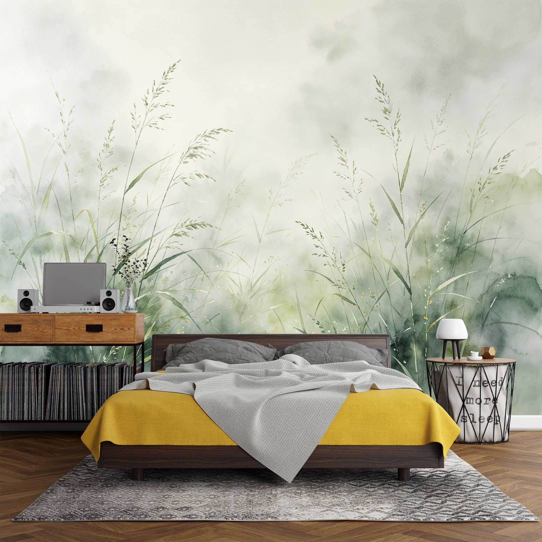 Custom Size Wall Mural， Botanical Watercolor Green Meadow Grasses Mist Landscape，SelfAdhesive Art Prints wall Fabric (No PVC) Removable Wallpaper Living Room Decor