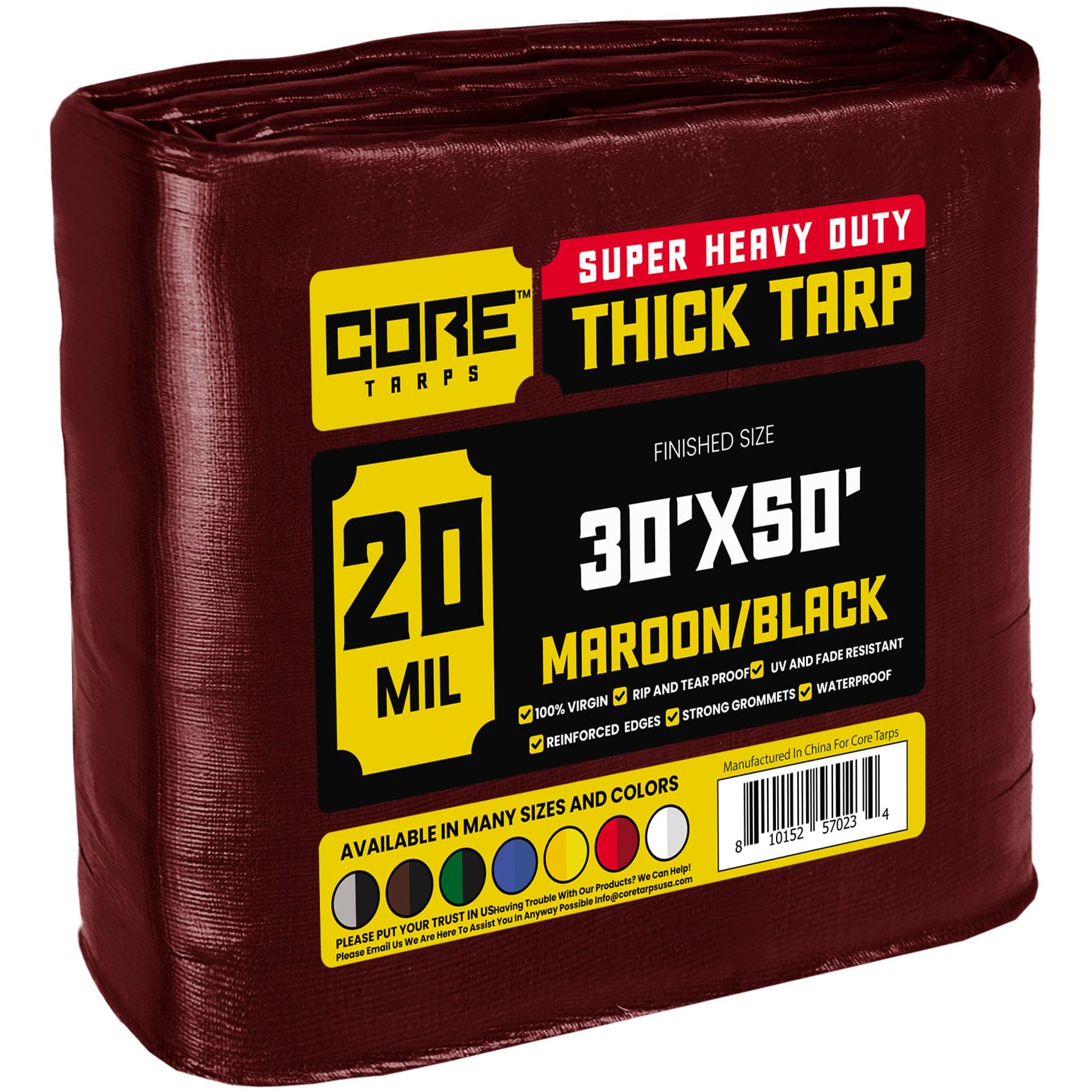 Core Tarps Extreme Heavy Duty 20 Mil Tarp Cover, Waterproof, UV Resistant, Rip and Tear Proof, Poly Tarpaulin with Reinforced Edges for Roof, Patio, Pool, Boat (Maroon/Black 30′ X 50′)
