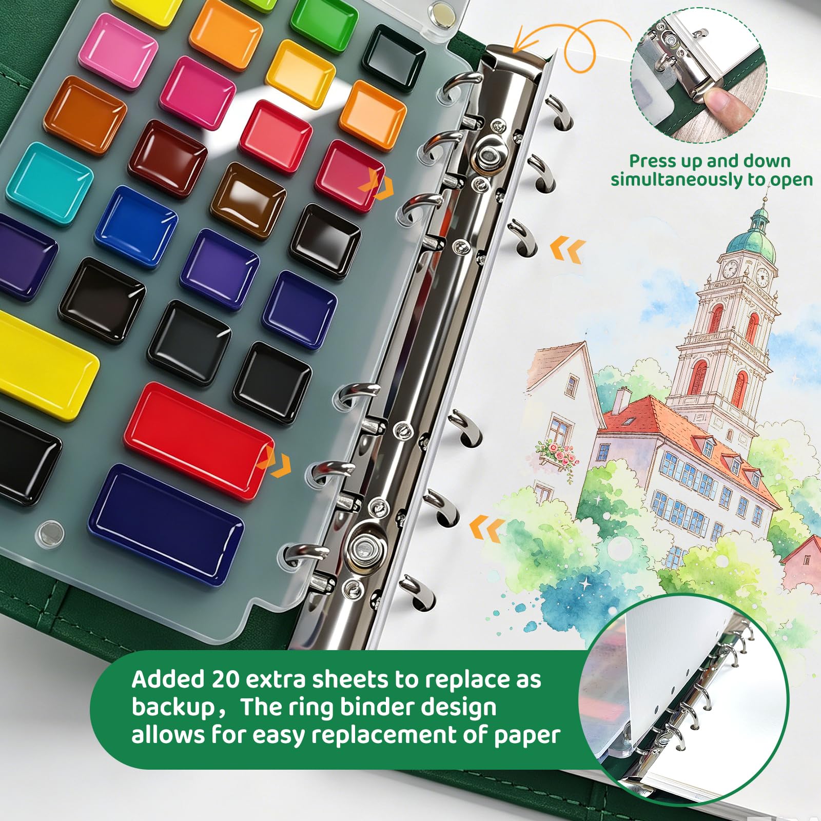 NYFITY Juego de cuaderno de bocetos portátil de acuarela, 28 colores, 7.5 x