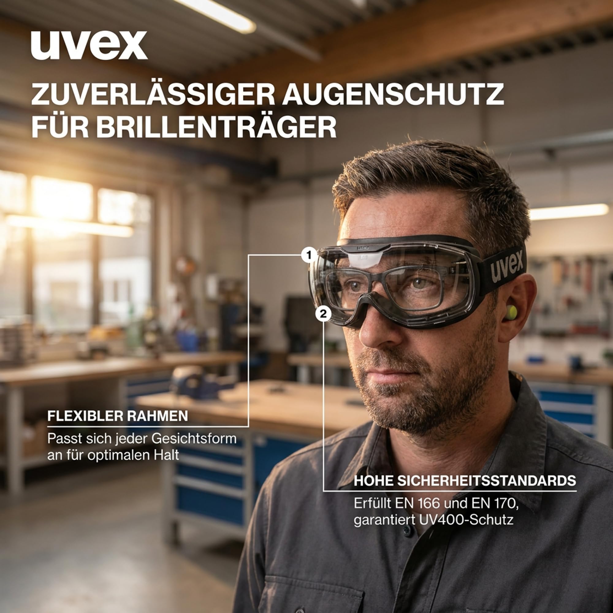 Uvex Megasonic Okulary ochronne dla osób noszących okulary - odporne na zaparowanie i zarysowania