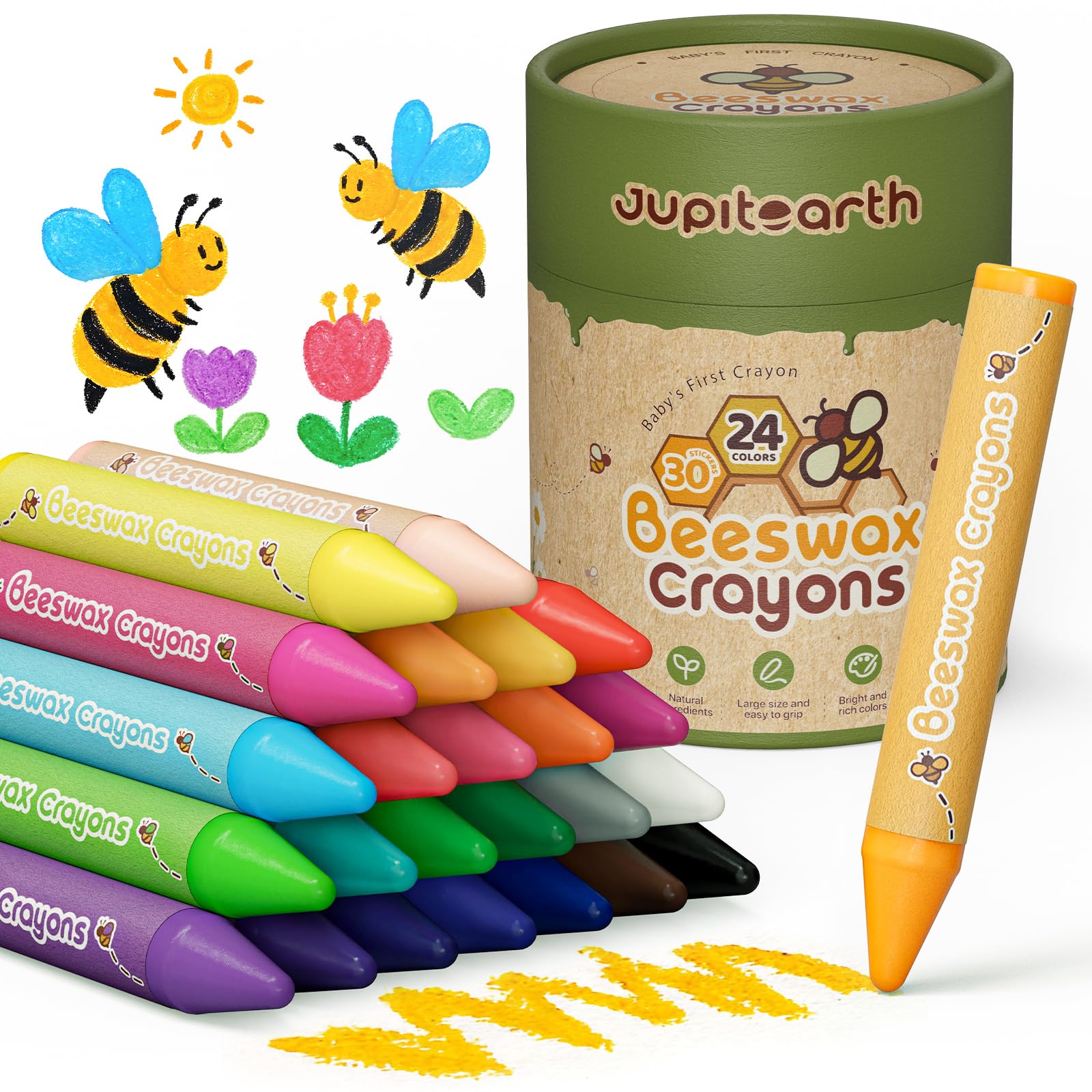 JUPITEARTH Jumbo Buntstifte 24 Ungiftige Babymalstifte aus Natürlichem Bienenwachs Wachsmalstifte Ab 1 Jahr, Unzerbrechlich Waschbare Sichere Kleinkindmalstifte für Kinder Malzubehör