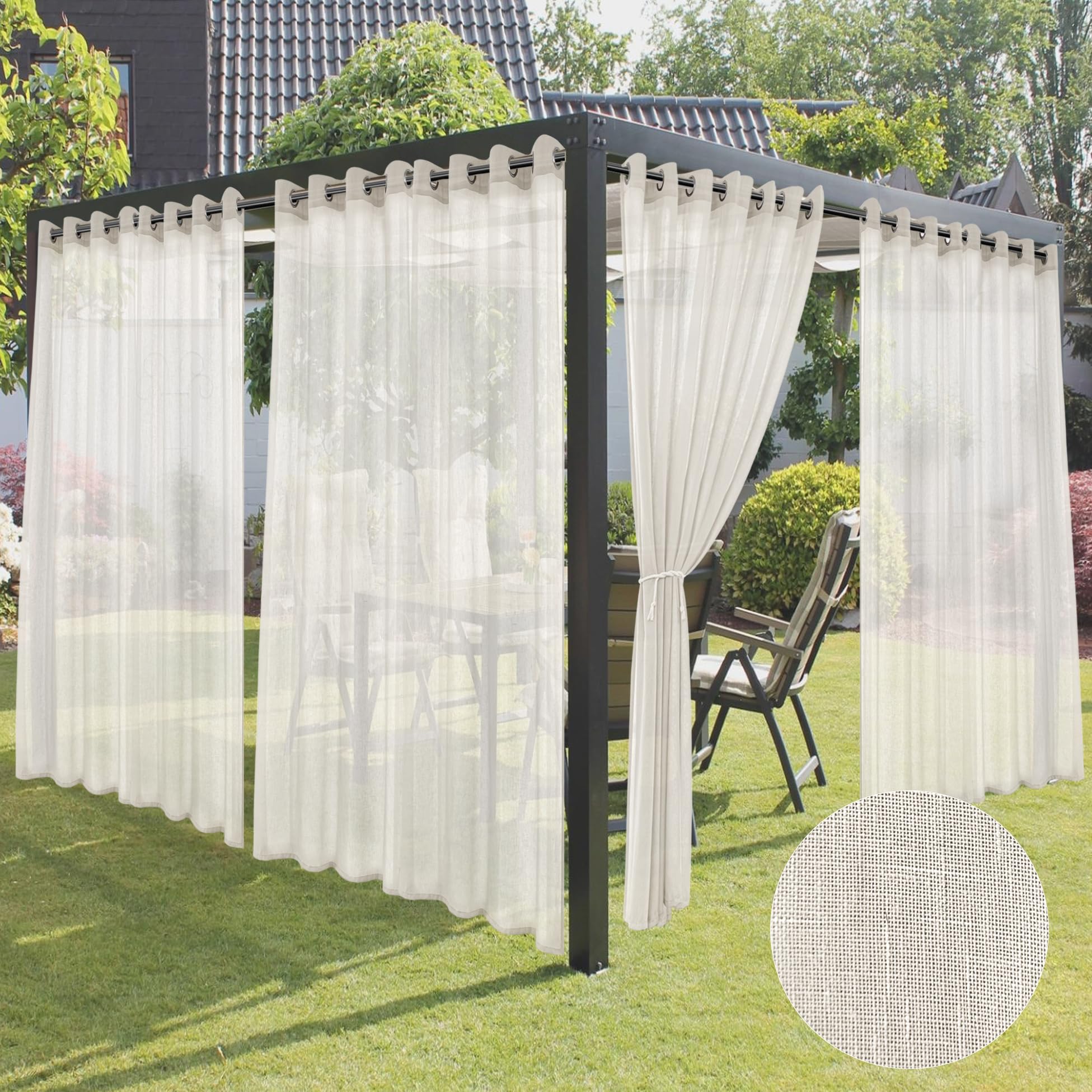 HolidayIdeas Linen Outdoor Sheer Curtains for Patio Waterproof-4 Panels Semi Sheer Wide Grommet Indoor/Outside Ivory Voile Curtains for Living Room, Bedroom, Porch, Pergola, Cabana 110x84 Inch