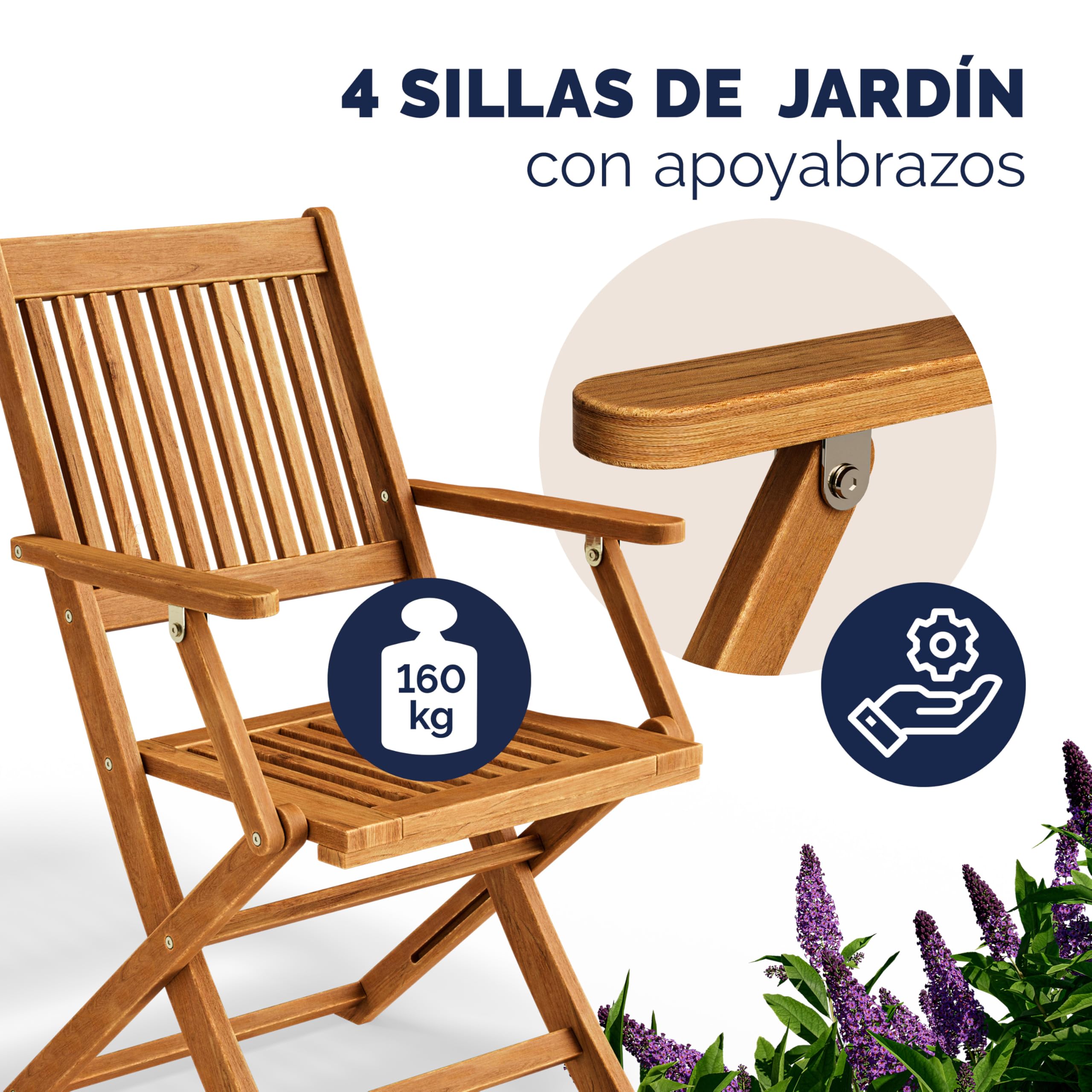 CASARIA® Conjunto Jardín Exterior Mesa 4 Sillas Madera Acacia FSC® Juego Comedor Patio Terraza Balcón Set 5 Piezas Tablero Asientos Plegables Reposabrazos Resistente Intemperie Robusto 120x70cm