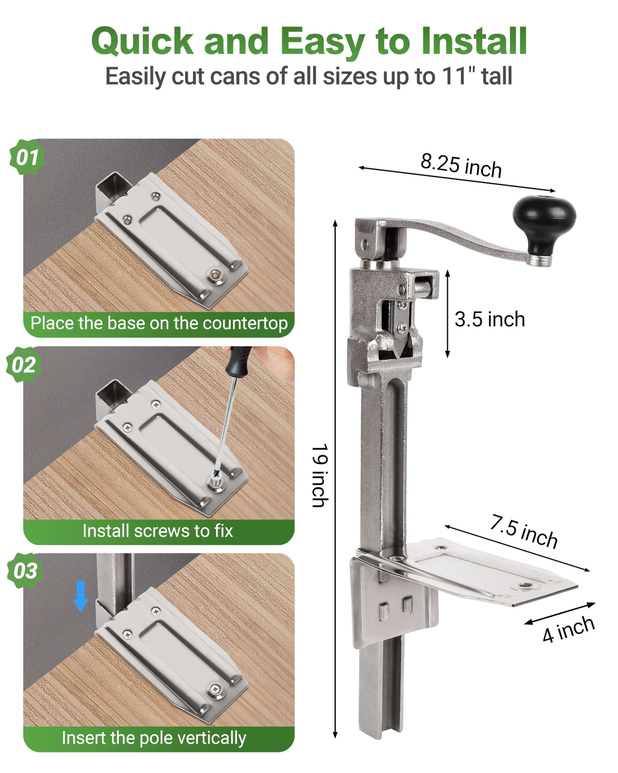 Abrelatas comercial resistente – Abrelatas manual de mesa abre latas de hasta 11 pulgadas de alto, abrelatas industrial con base de acero chapado para restaurante, tienda de alimentos, hotel, bar