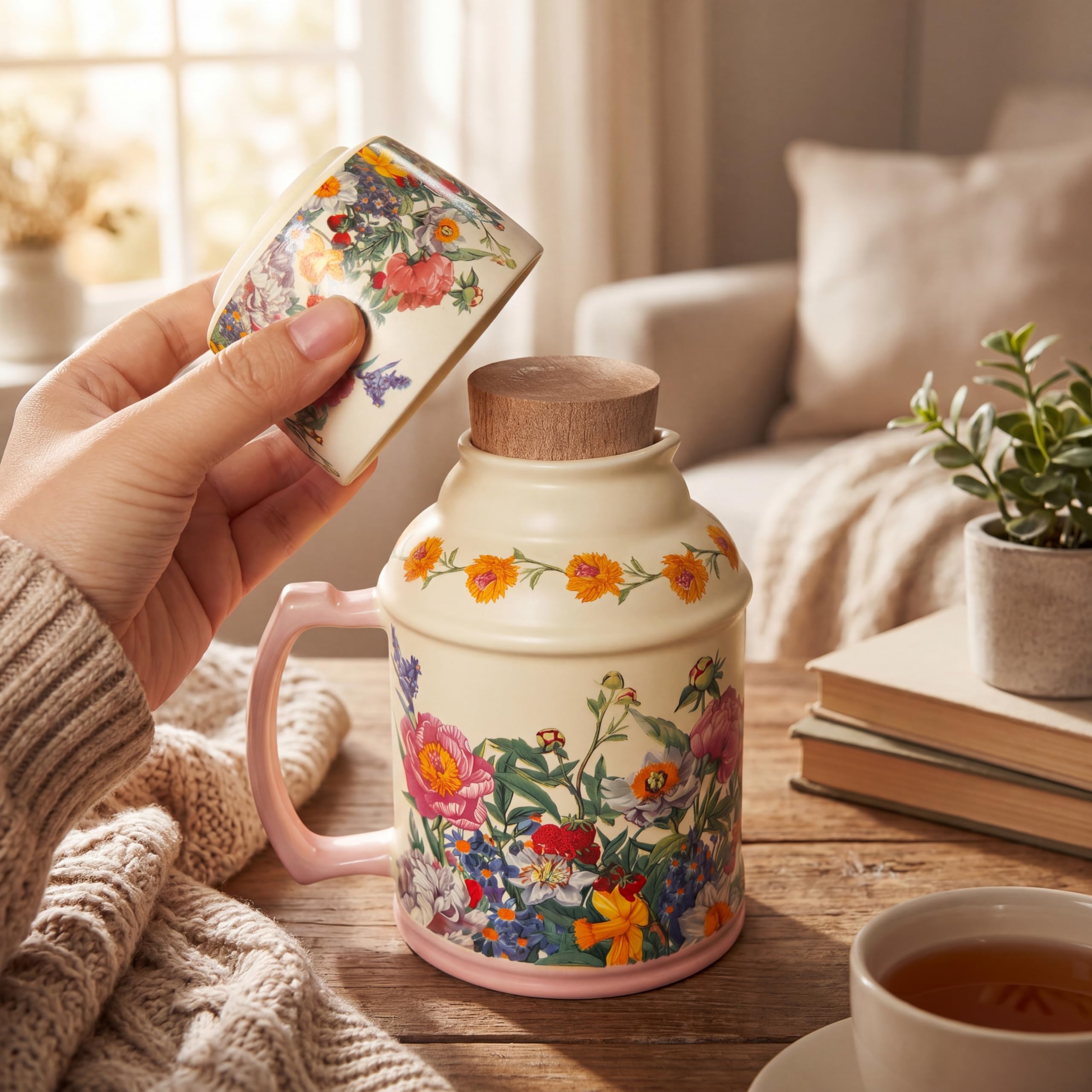 OHAANYY Teiera Vintage in Porcellana 650 ml, Set da Tè 2 in 1 con Tazza (Coperchio Rimovibile), Servizio da Tè Singolo per Casa e Ufficio, Idea Regalo (Fiori Freschi)