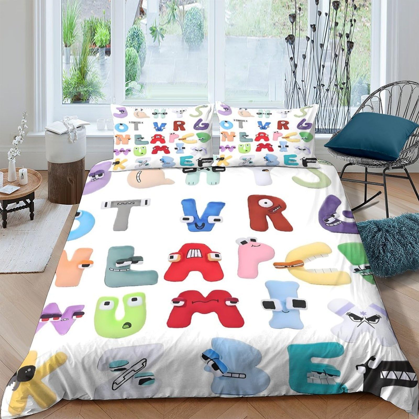 Ctjqhvkz Style-2 3D Printed Alphabet Cartoon Fitted Sheet Microfiber Soft Kids Letters Pattern Bed Sheet For Bedroom Home Decor Single（135X200cm）