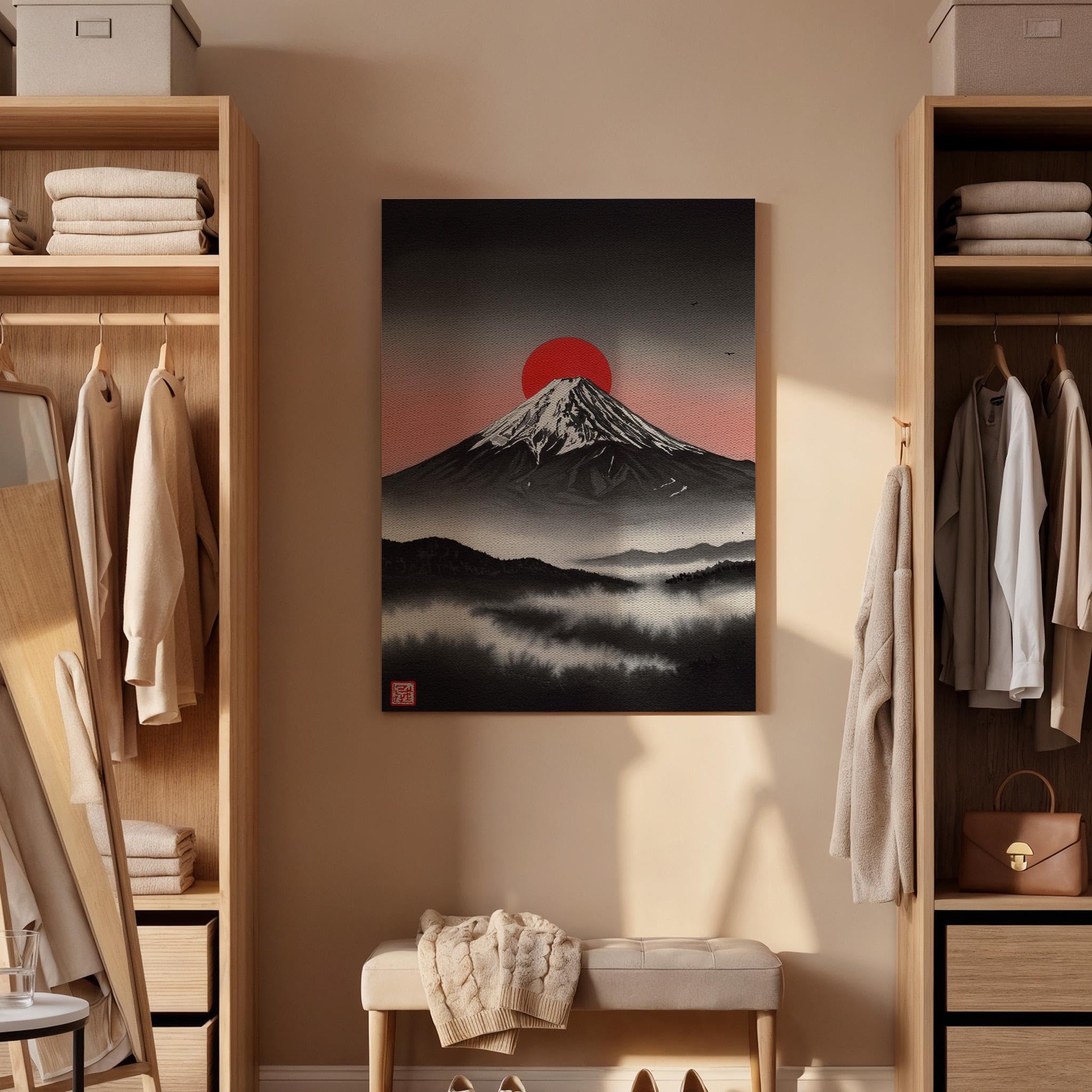 lianyibo Japońska góra fuji płótno artystyczne na ścianę, czerwony słońce minimalny krajobraz druk, Zen azjatycka natura dekoracja do salonu (60x80cm/bez ramki)