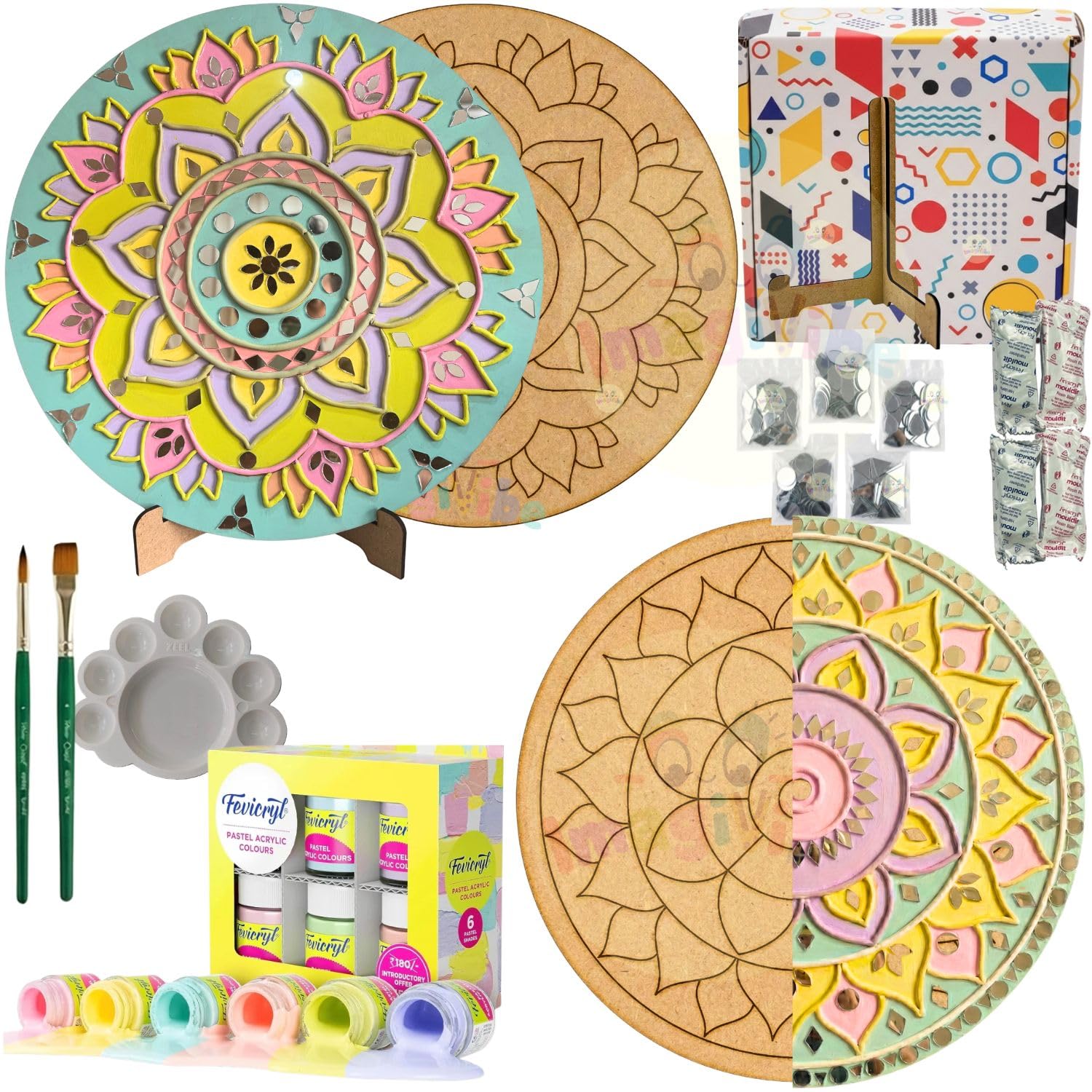 ImagiVibe DIY Lippan Art Kit for Kids and Adults | 2 Pre-Marked 12 Inch MDF Boards with Stand | Indian Folk Art Craft Kit with Clay Mirrors and 6 Non-Toxic Pastel Acrylic Paint Colors | Wall Decor DIY Gift Kit (12inch Pastel Colors)-image-40