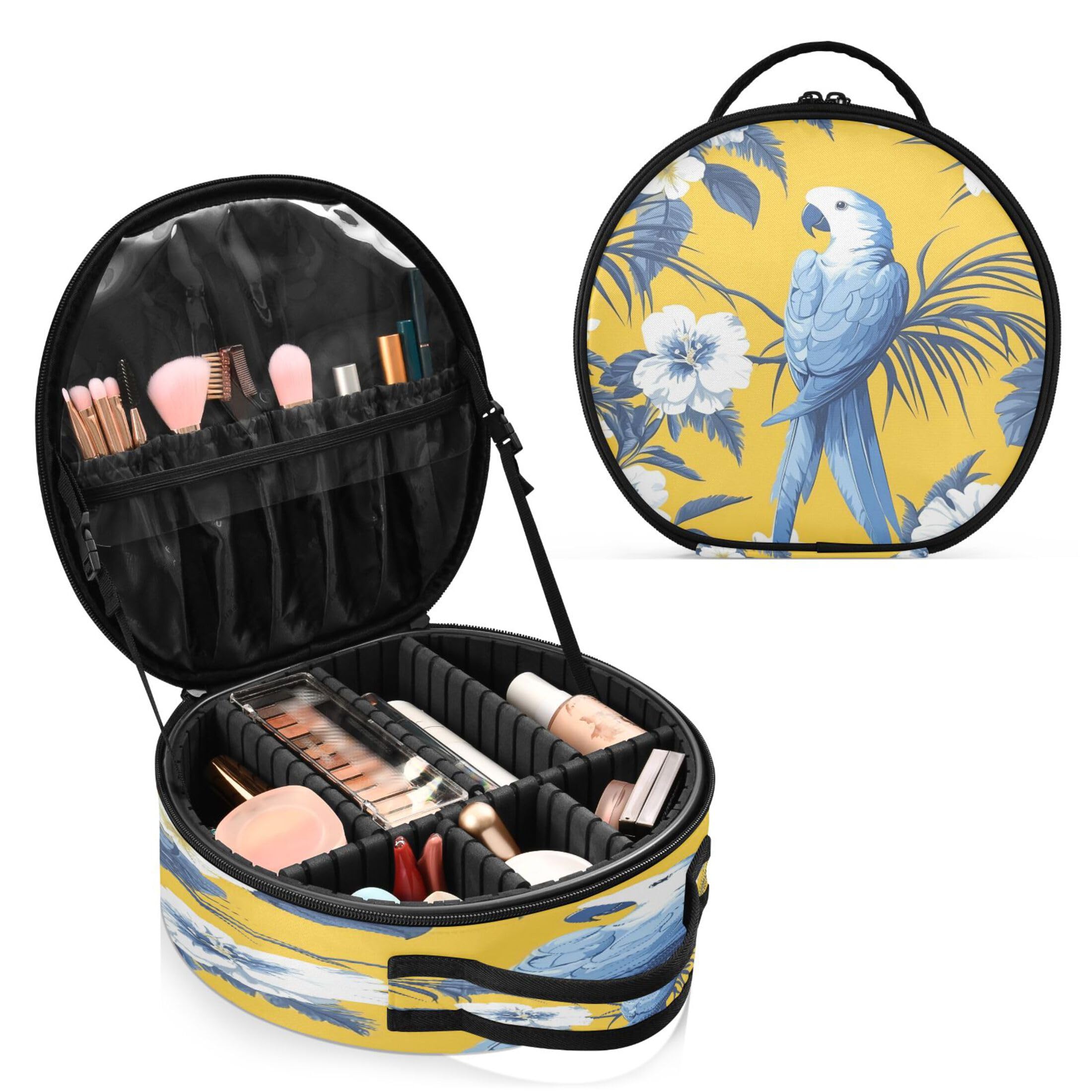 Takiito Tropical Blue Macaw Parrot Travel Makeup Case Portable Makeup Box Artist Cosmetic Case Organizer With Adjustable Dividers