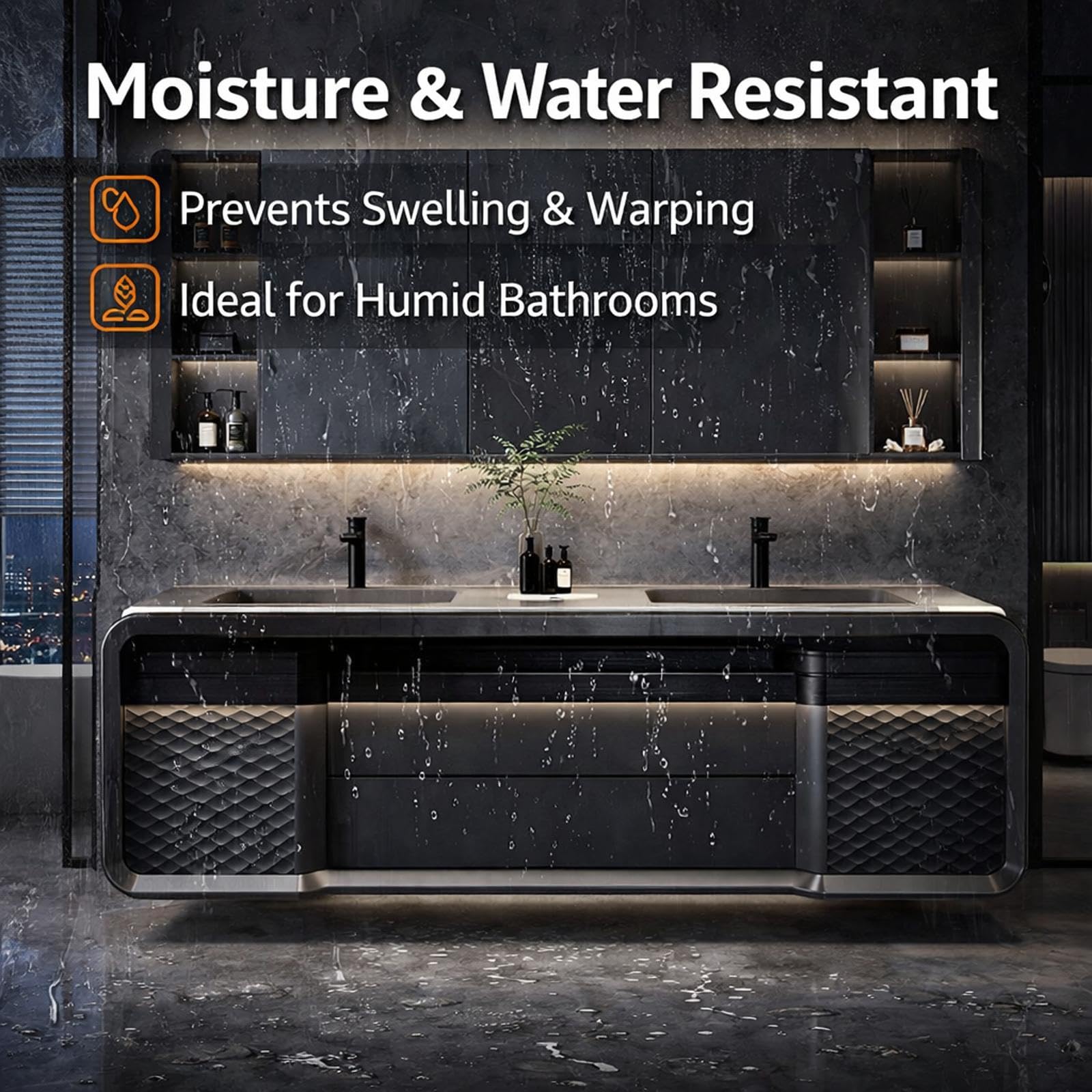 Tocador de baño doble de 60 pulgadas, diseño flotante moderno, espejo de desempañamiento inteligente, amplio almacenamiento, doble fregadero, encimera de piedra fácil de limpiar para baños elegantes