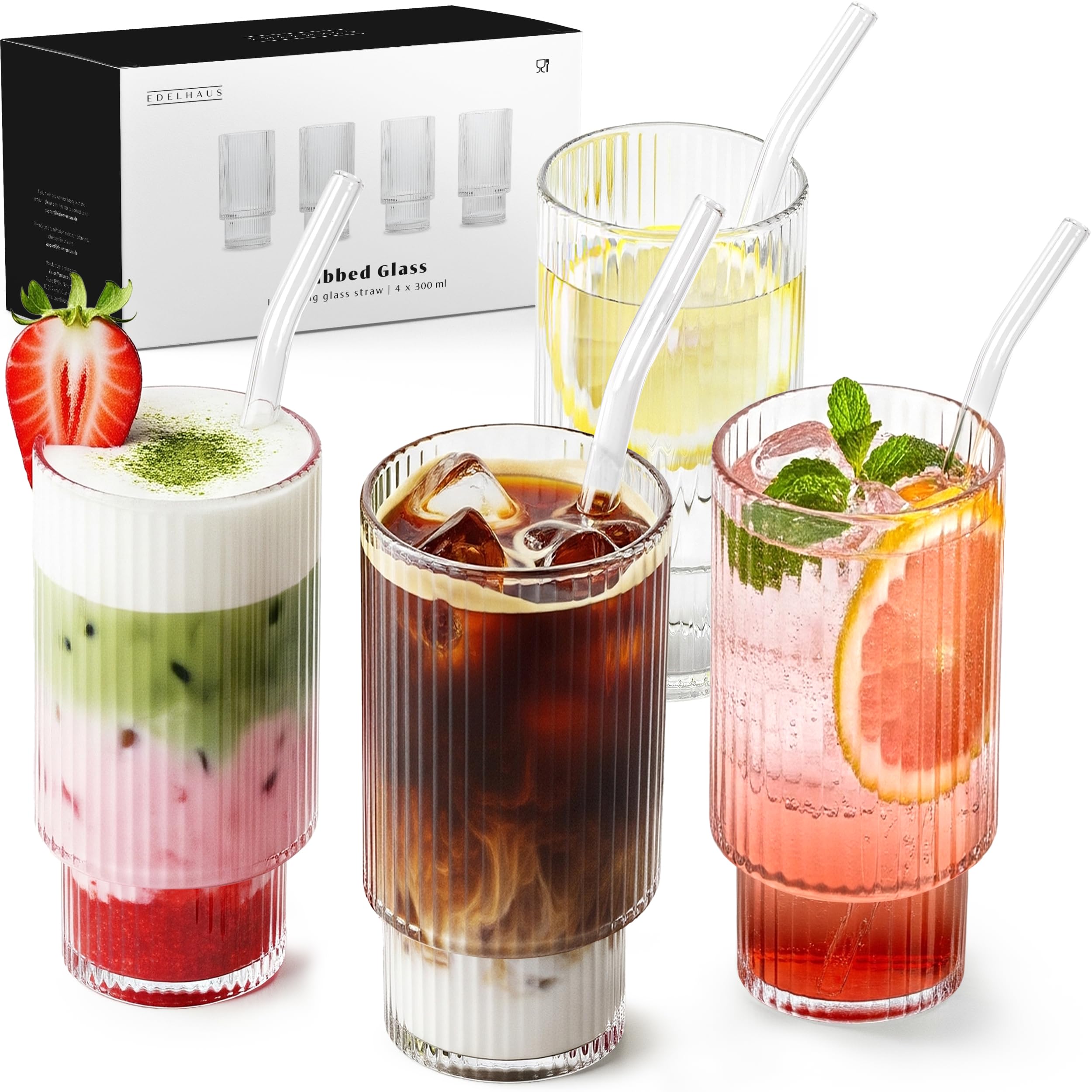 EDELHAUS Gläser Set 4-teilig mit Strohhalm (300ml) - Geriffelte Cocktailgläser, Riffle, Ripple Aesthetic, Gin, Trinkgläser Set, Longdrinkgläser, Matcha Gläser