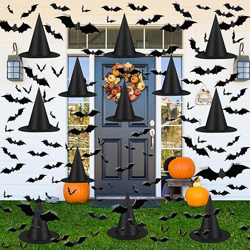 Famoby 12pcs Halloween Black Witch Hat with 157 FT Nylon Cord &120pcs Bat Sticker for Indoor Outdoor Home Yard Porch Ceiling Halloween Party Decorations