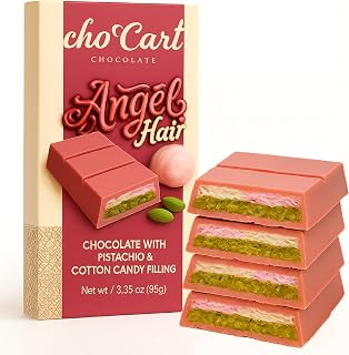 Angel Hair Dubai Chocolate Bar, Pink Cotton Candy Chocolate with Cream Filling, 3.35oz