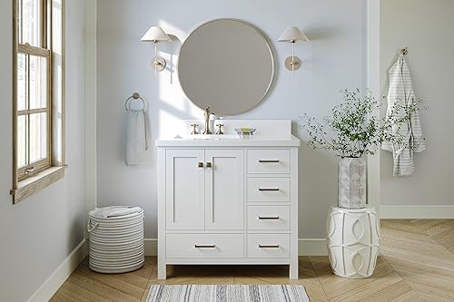 ARIEL Tocador de baño blanco de 37 pulgadas con encimera y protector contra salpicaduras de cuarzo blanco puro de 1.5 pulgadas, fregadero