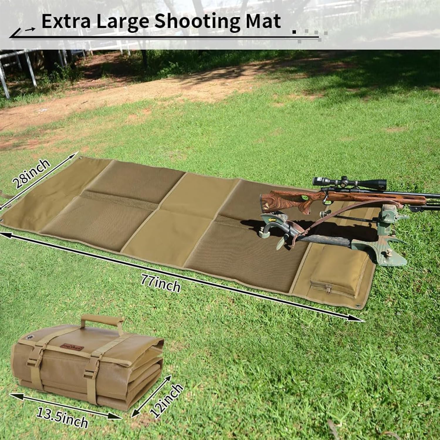 Shooting Mats Prone Padded, Extra Large Portable Roll Up Folded Waterproof Non-Slip Tactical Shooting Mat with Thickened Cotton Padding, Bipod Holder & 2 Accessory Pockets for Range Shooting Hunting