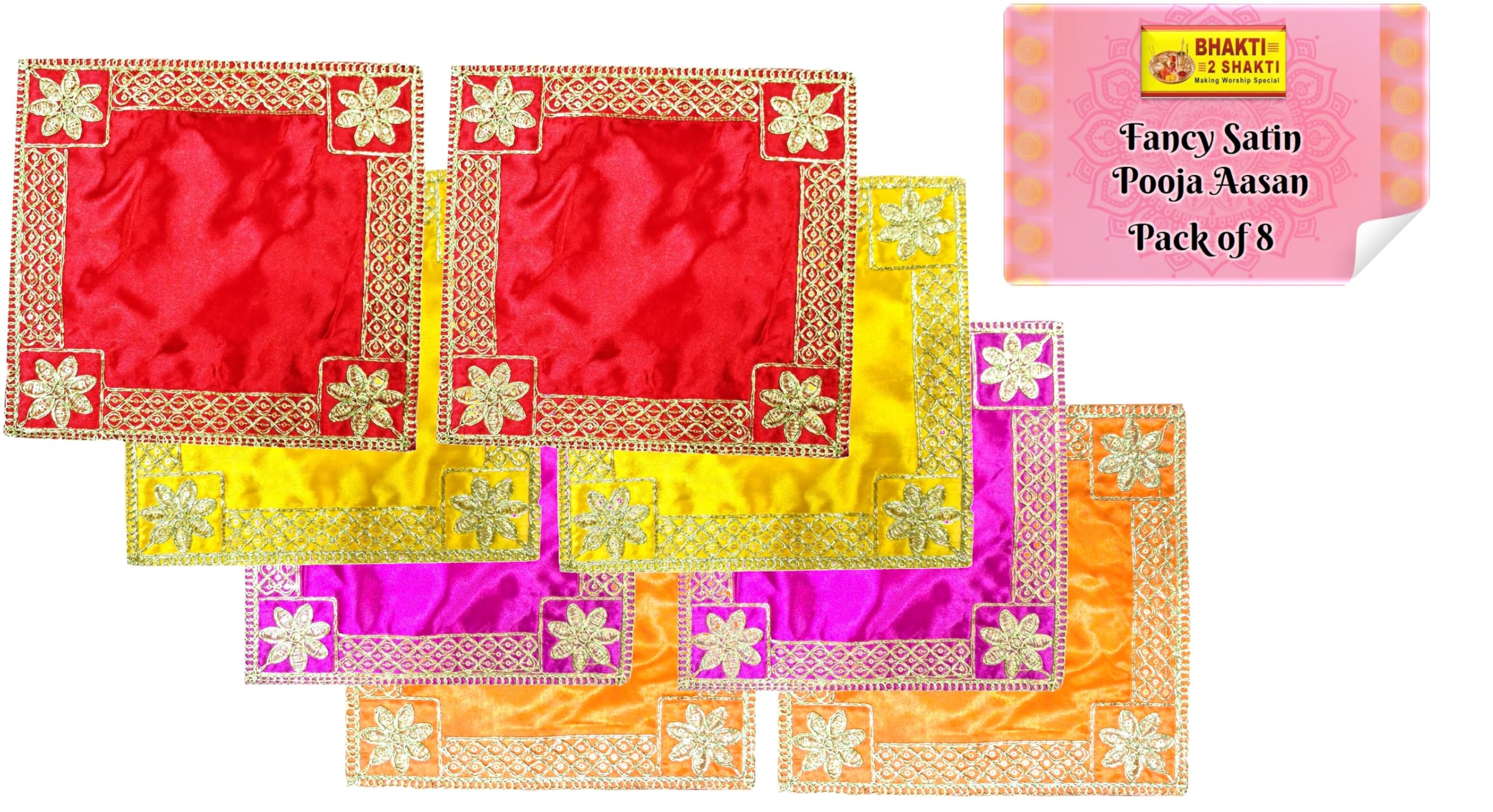 Bhakti2Shakti Fancy Satin Altar Cloth for God Idol, pooja, temple shelf, mandir | Size : 6x9 inch | Pack of 8 | Red Orange Pink Yellow | Embroidered Satin Pooja Chowki Mat-image-30