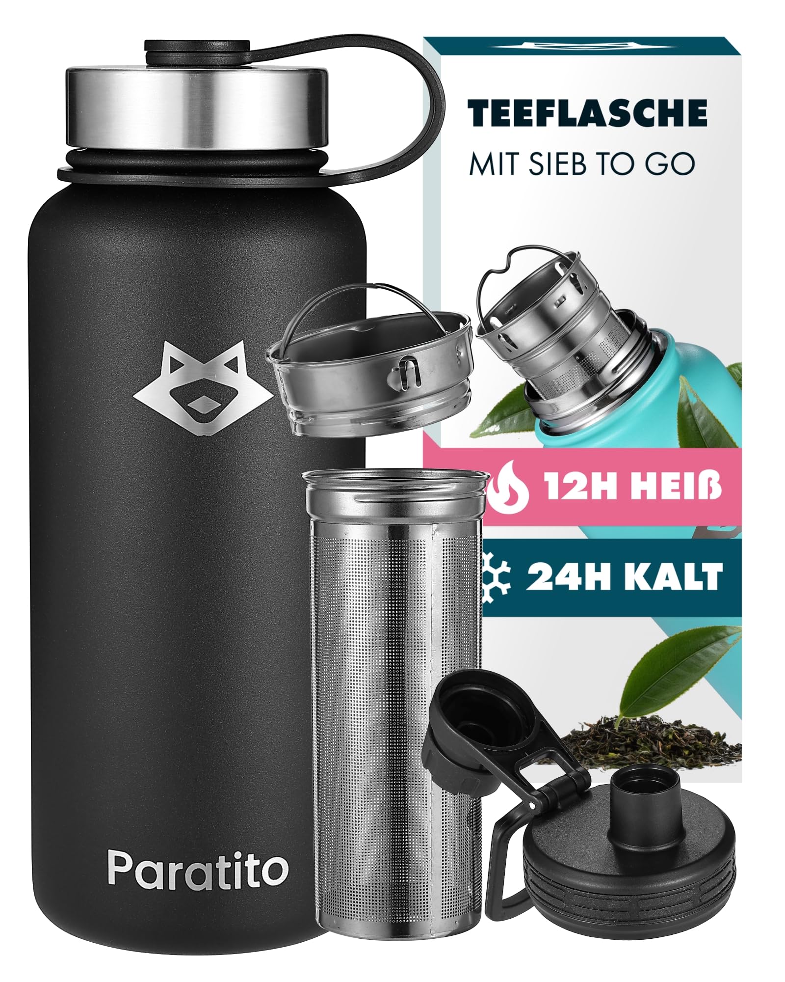 Termo con colador de té y cierre de rosca deportivo, perfecto para viajes