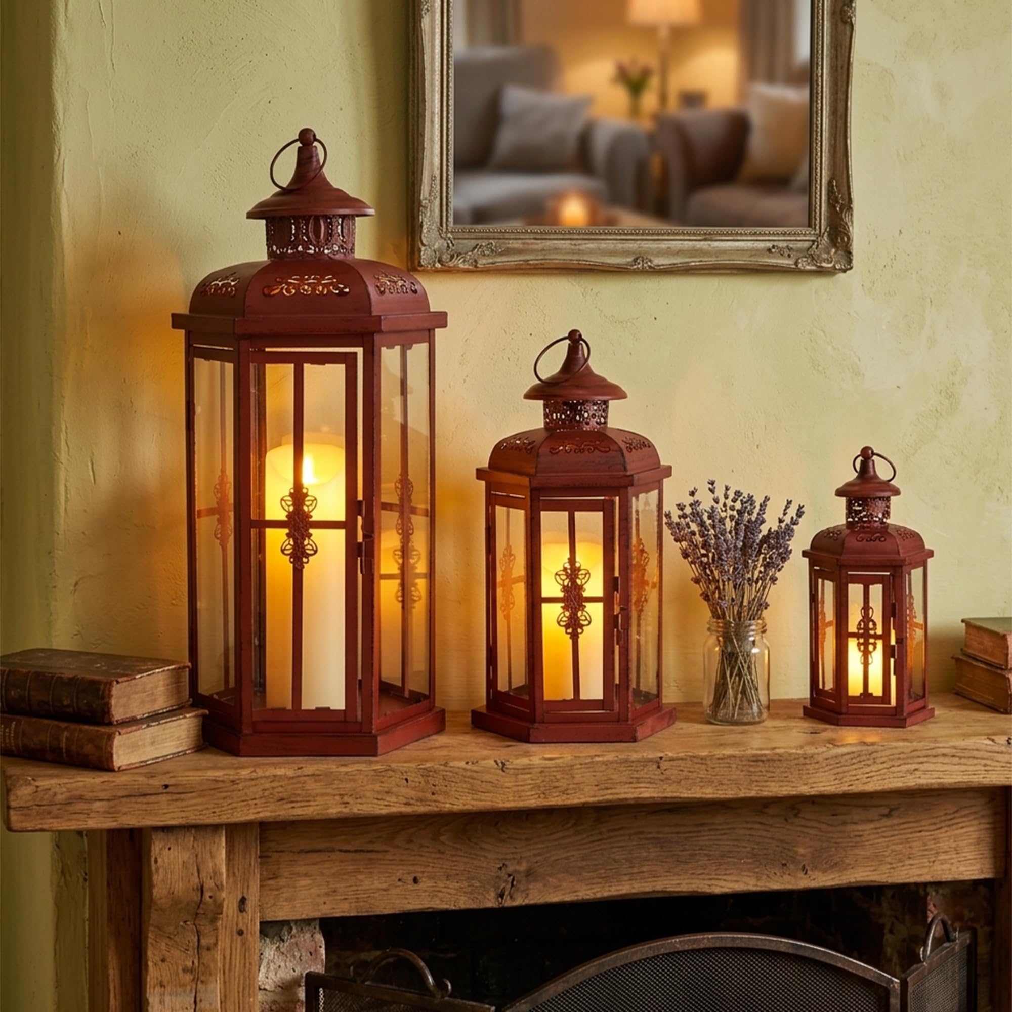 JHY DESIGN Set of 3 Decorative Candle Lanterns 50cm&36cm&25cm Outdoor Candle Lanterns Vintage Metal Candle Holders for Indoor, Outdoor, Parities, Garden, Porch(Red with Black Brush)