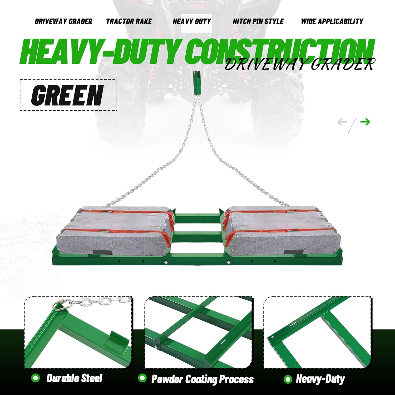 WUTIST 4FT Drag Harrow Driveway Grader Heavy Duty Tow Behind Drag Lawn Leveling Rake for UTV ATV Tractor Mower Land Leveler Lawn Leveling Rake W/ 4FT Chain Green