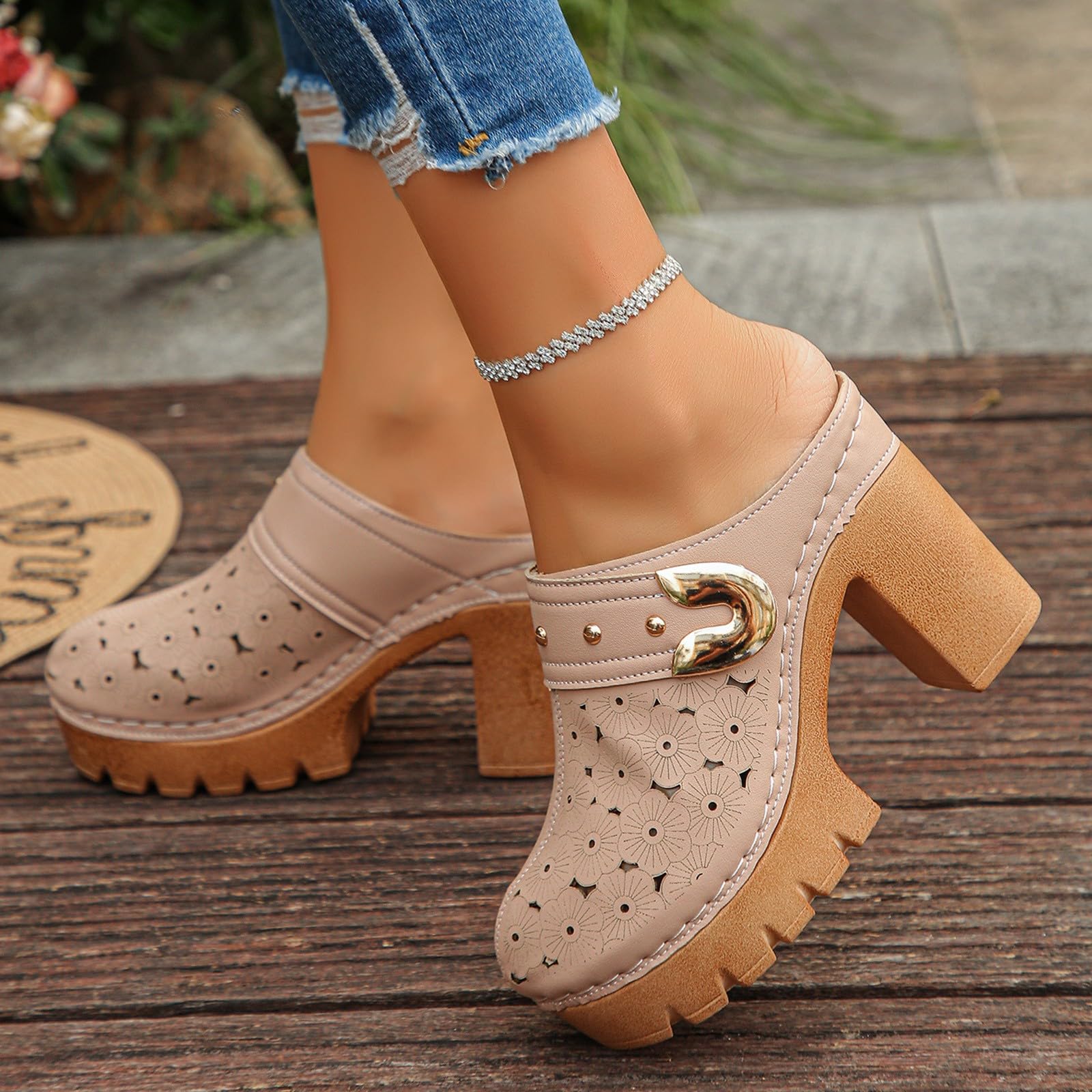 Sabots en bois et cuir pour femme avec talon - Sandales compensées antidérapantes - Chaussures orthopédiques fermées - Sabots de jardin - Respirants - Chaussures d'été pour les loisirs