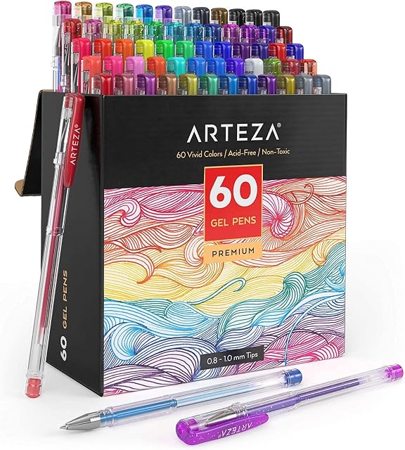 ARTEZA Gel Pens, 60 Colours, 0.81.0 mm Tips, Glitter, Metallic, Pastel, Neon, Rainbow Hues, Writing Pens for Scrapbooking, Doodling, and Journaling