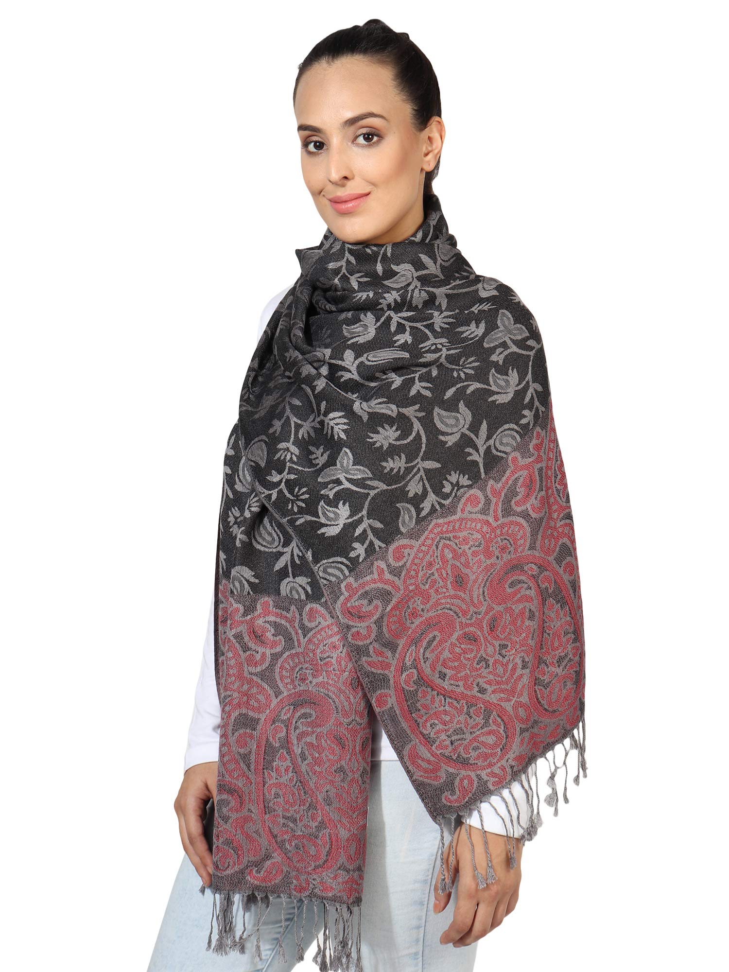 World Of Shawls Women's Black_sn78 Floral Paisley Bordered Pashmina Feel Shawl Scarf Wrap Stole Luxuriously Warm Soft And Silky Touch (Black_sn78)