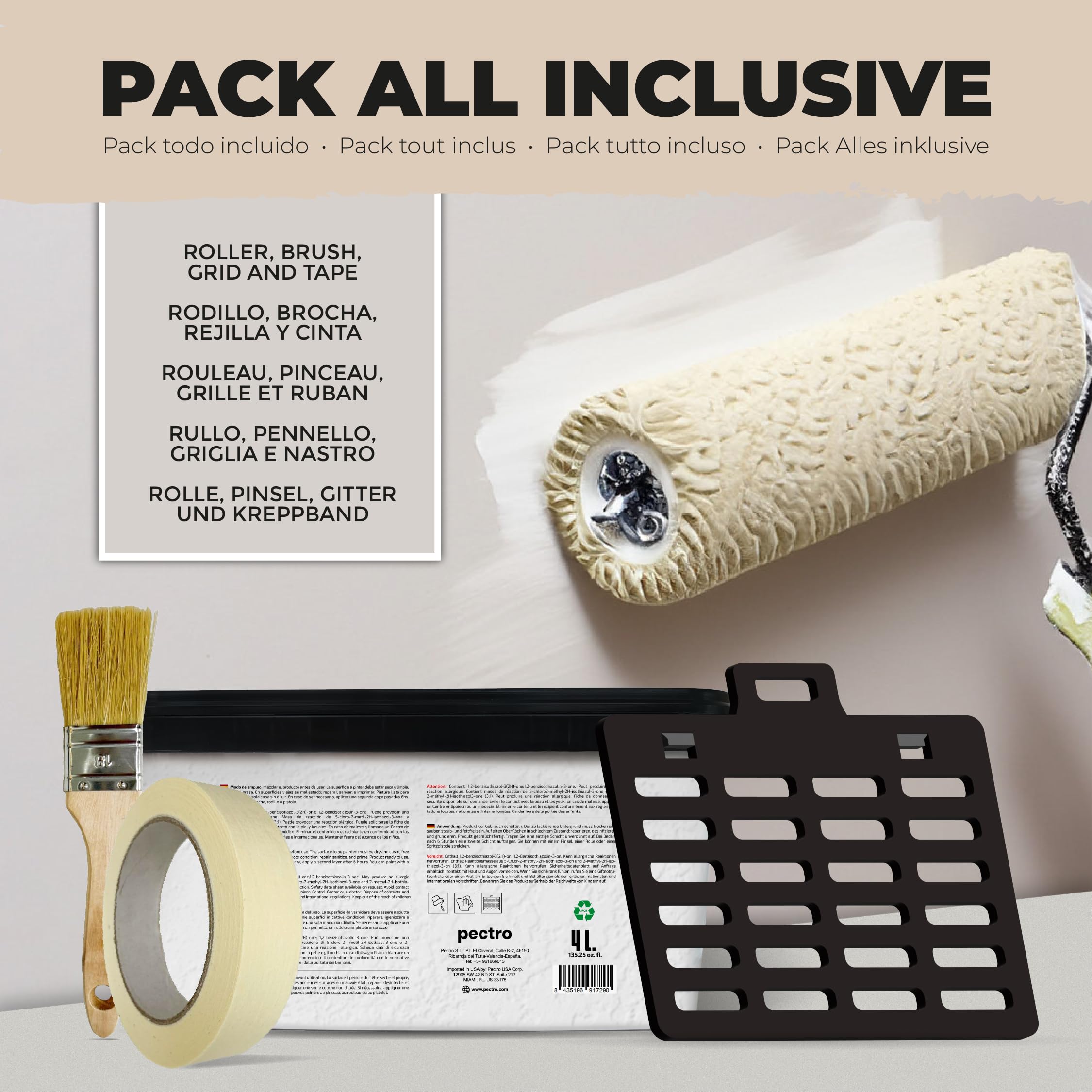 PECTRO Pintura Una Capa 4L (6,3kg) - incluye Rodillo, Rejilla, Brocha y Cinta - Pintura Interior Paredes y Techos Mate, colores cálidos, lavable de gran durabilidad y cubrición