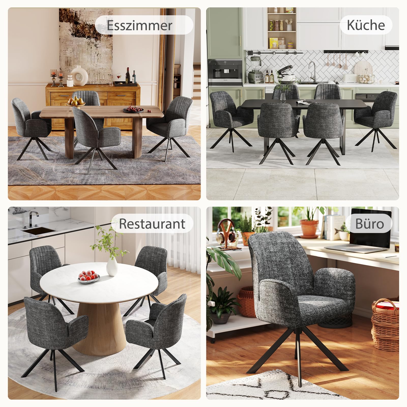 2er Set Esszimmerstühle Drehbar mit Armlehne, 360°Drehbar Polsterstuhl Küchenstuhl aus Chenille, Stühle Esszimmer Schminkstuhl Drehstuhl mit Metallbeine für Esszimmer Schlafzimmer, Dunkelgrau