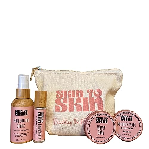 Skin to Skin Nuevo kit para bebé, juego de 4 piezas en bolsa de cosméticos, incluye Baby Bottom Spritz, aceite de sueño familiar, bálsamo para