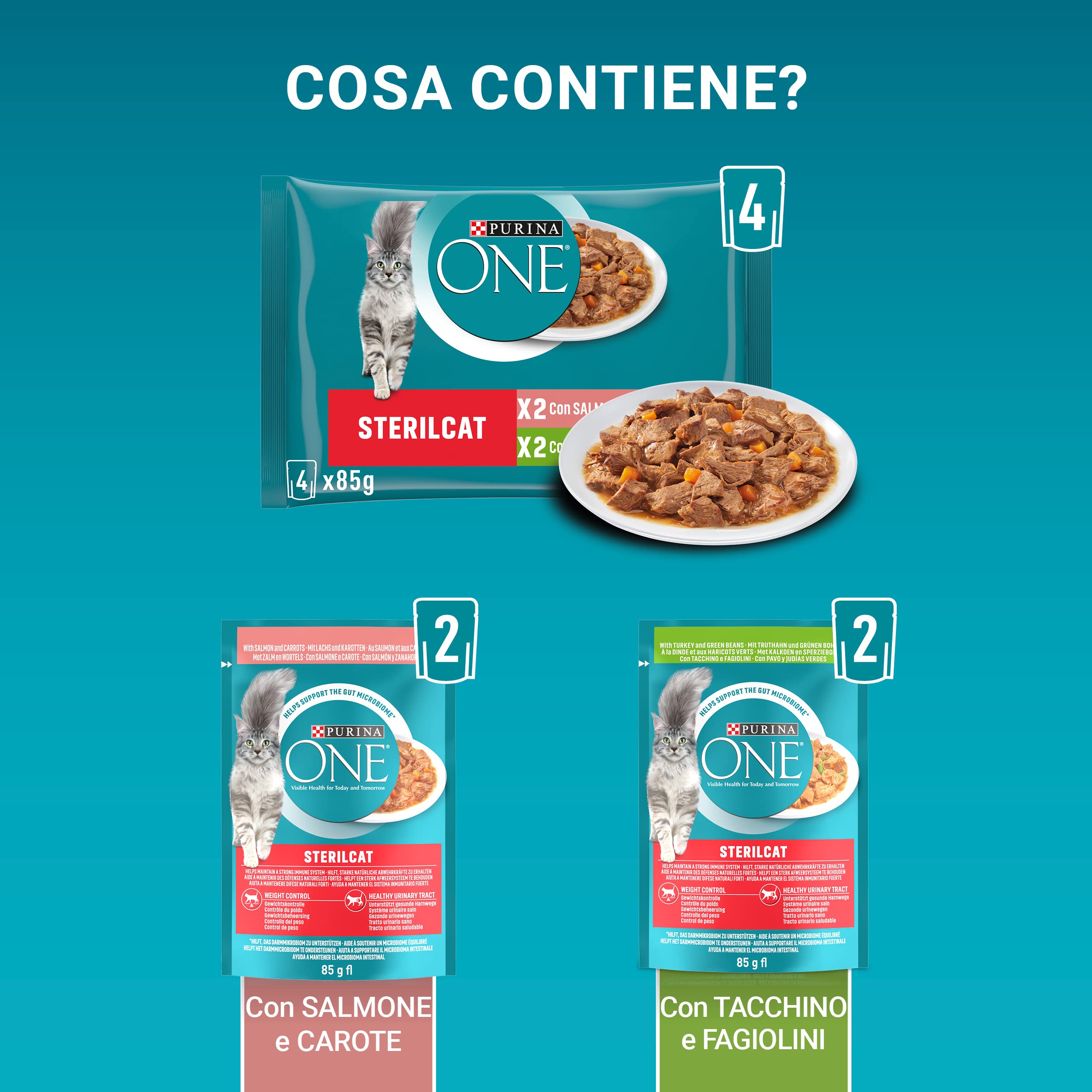 PURINA ONE Sterilcat Cibo Umido per Gatti Adulti, 48 Bustine da 85 g | Bocconcini con Salmone Carote, Tacchino e Fagioli per Gatti Sterilizzati