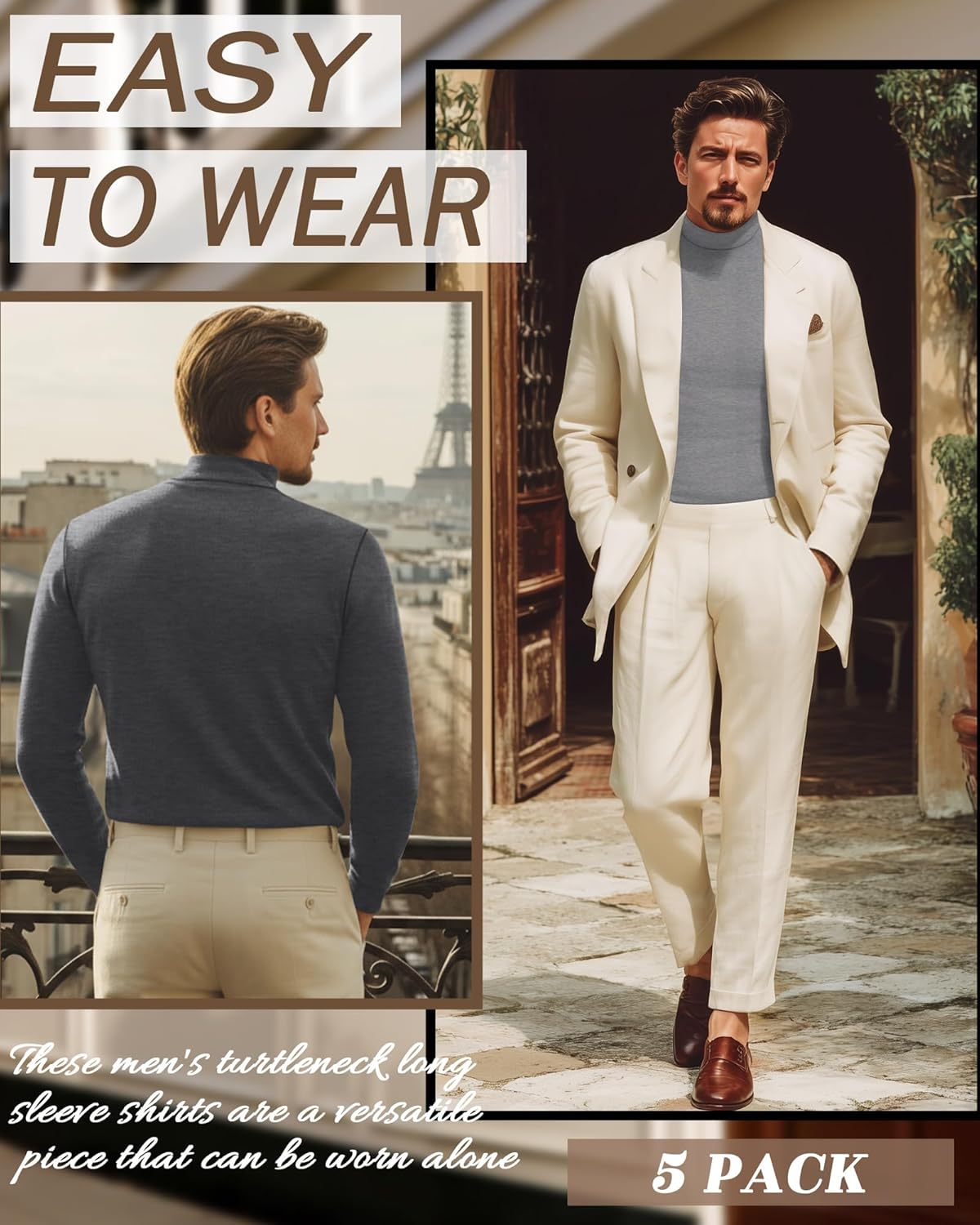 5 Pack Men's Mock Turtleneck Shirts, Long Sleeve Tops Pullover Basic Casual Slim Fit Lightweight T-Shirts Pack - Image 2