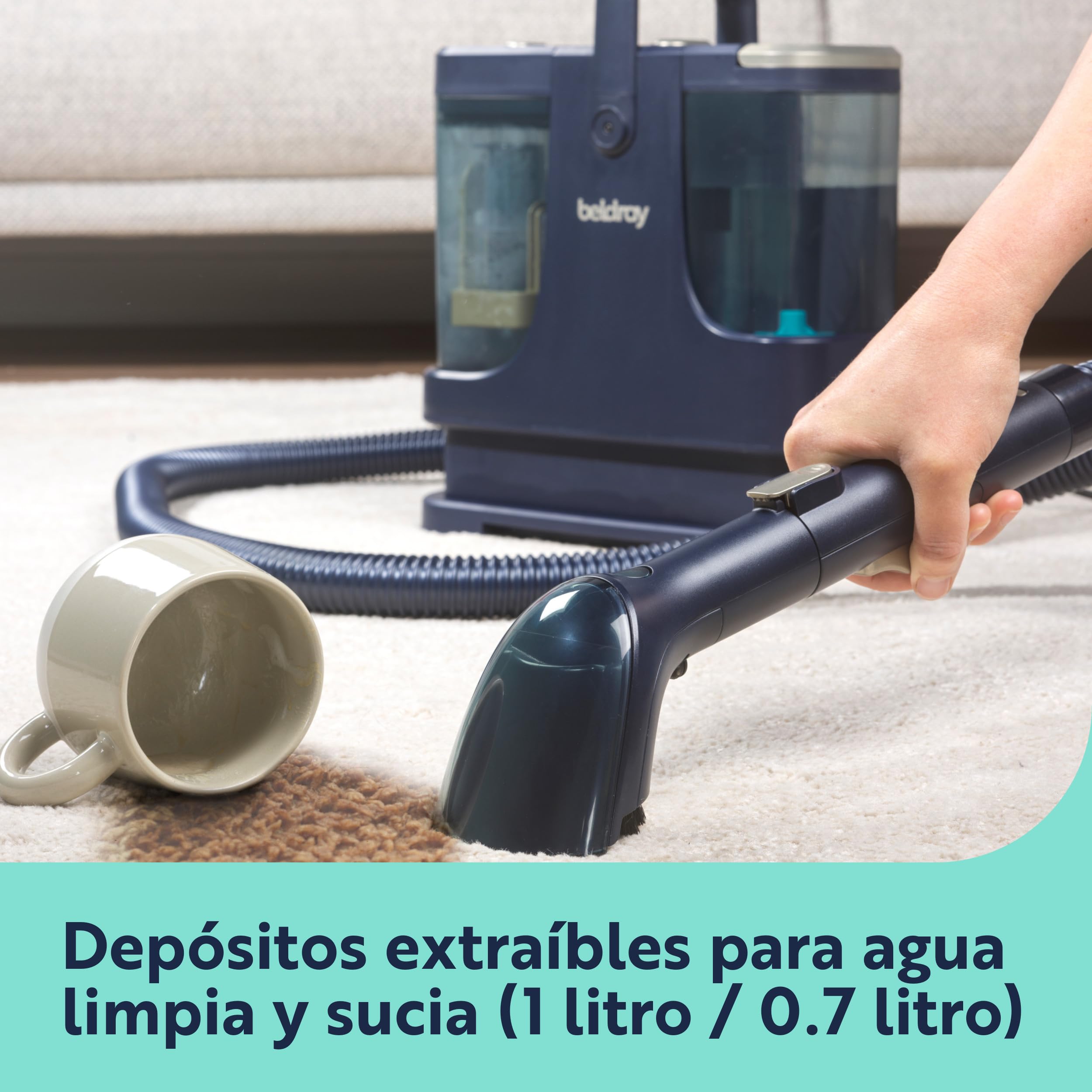 Beldray Spot Lift Pro quitamanchas para alfombras y tapicería | Pulveriza, frota y aspira, manguera extensible de 1,65 m, sistema de doble depósito, manguera desmontable