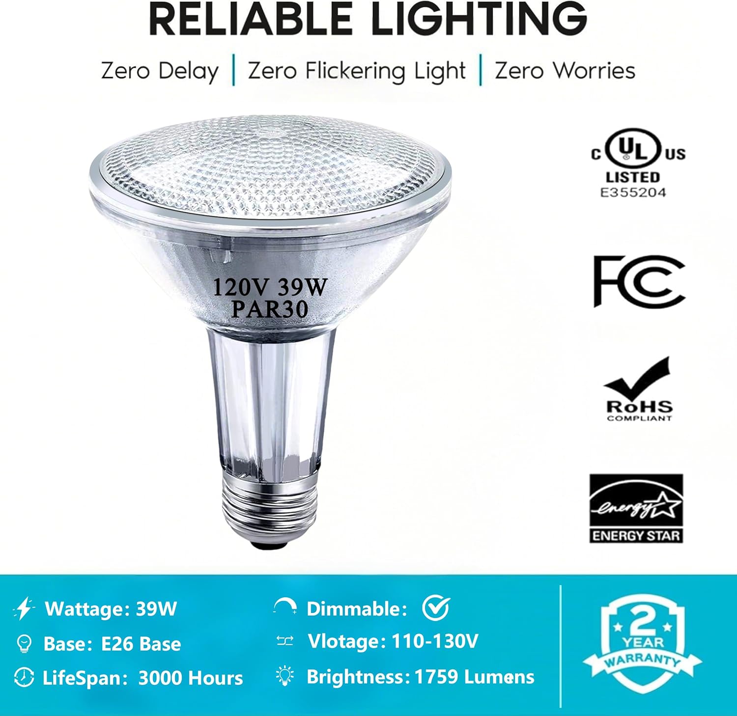 PAR30 Long Neck Halogen Bulbs, 120V 39W PAR30 Flood Light Bulb, Dimmable, E26 Medium Base, 2700K Warm Lighting, 3000 Hours for Recessed Light Bulb, 6 Pack