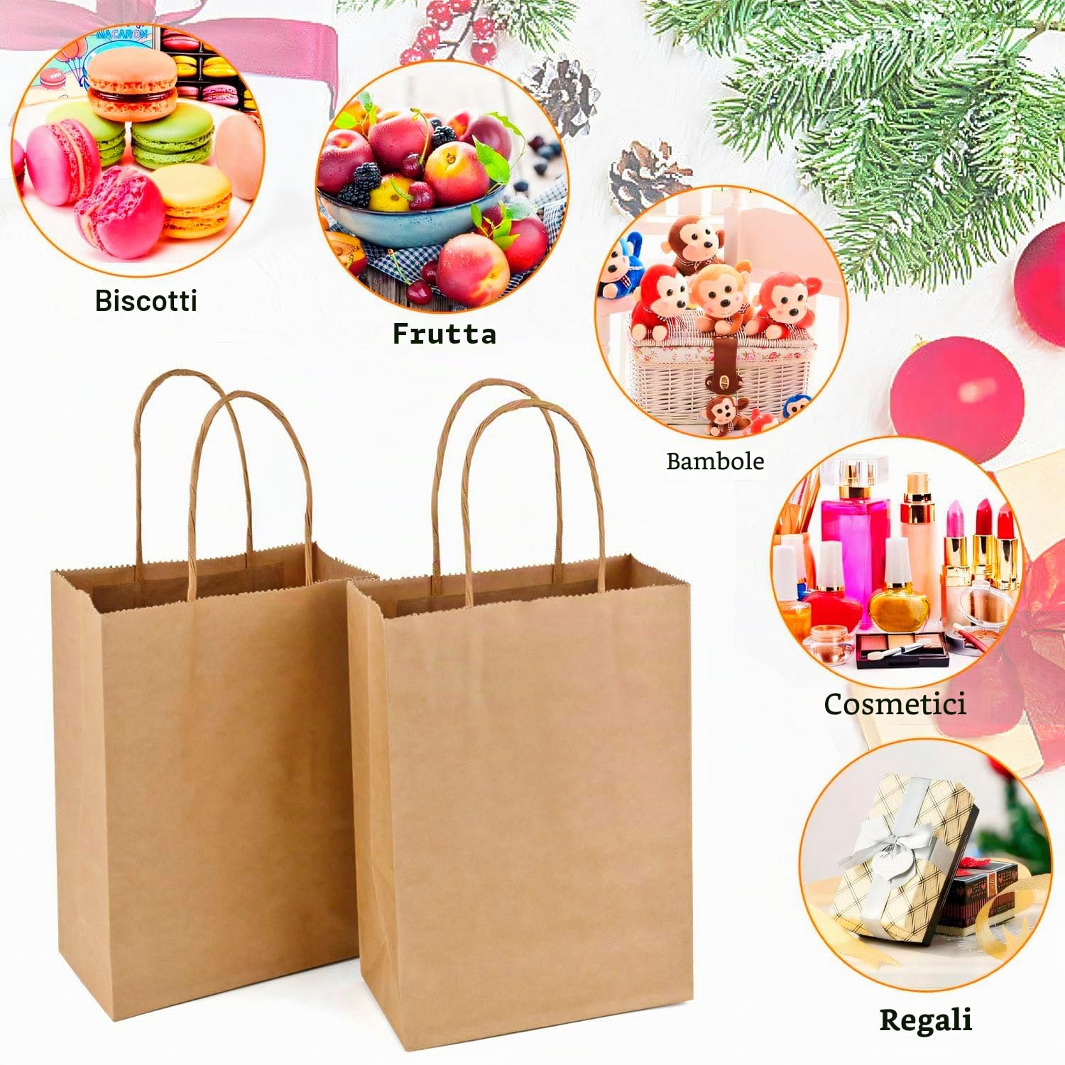 MAOOY 100 Pezzi Sacchetti Carta Con Manici, Sacchetti Di Carta 15 X 8 X 21 cm, Shopper Carta,Sacchetti Regalo, Buste Regalo per Imballaggio, Spesa, Dolciumi, Feste, Matrimoni, Compleanni, Natale