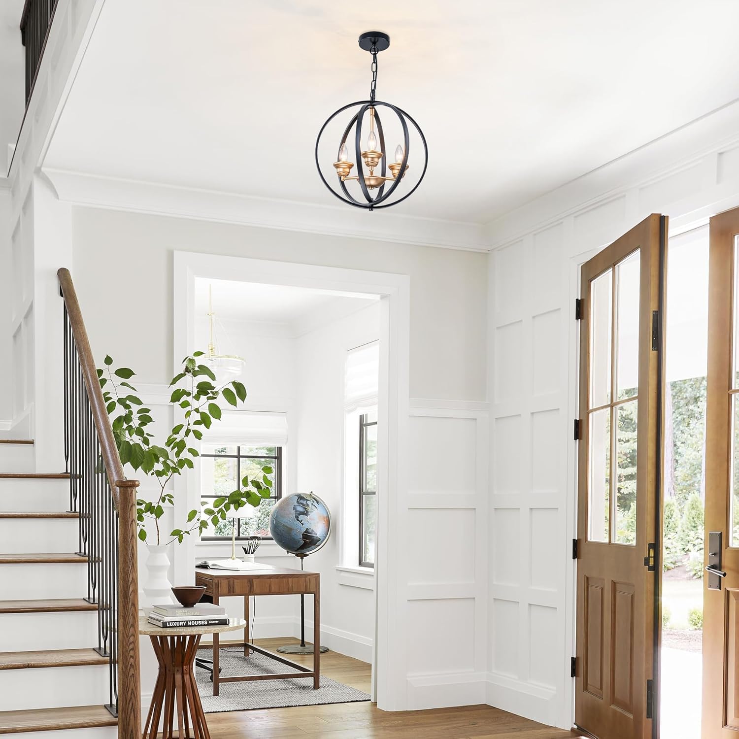 3-Light Farmhouse Globe Chandelier, Black and Gold Rotating Frame Adjustable Height Orb Pendant Light, E12 Base Industrial Hanging Ceiling Light for Dining Room Kitchen Island Bedroom