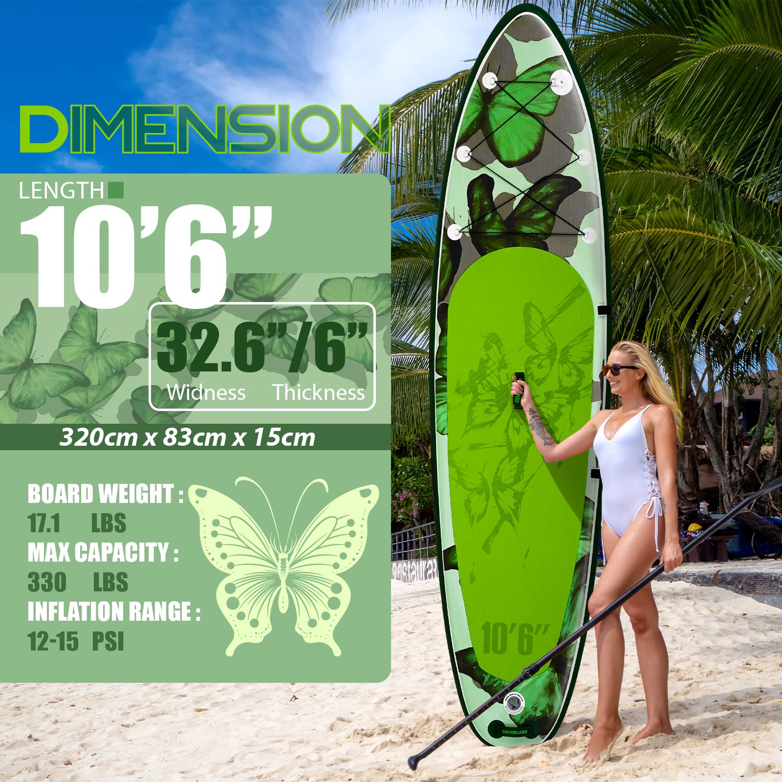 OROHBOARD 10’6 Inflatable Stand Up Paddle Board with Premium Paddleboards Accessories, Wide Stable Designed SUP Paddleboard for Adults & Youth. (Butterfly)