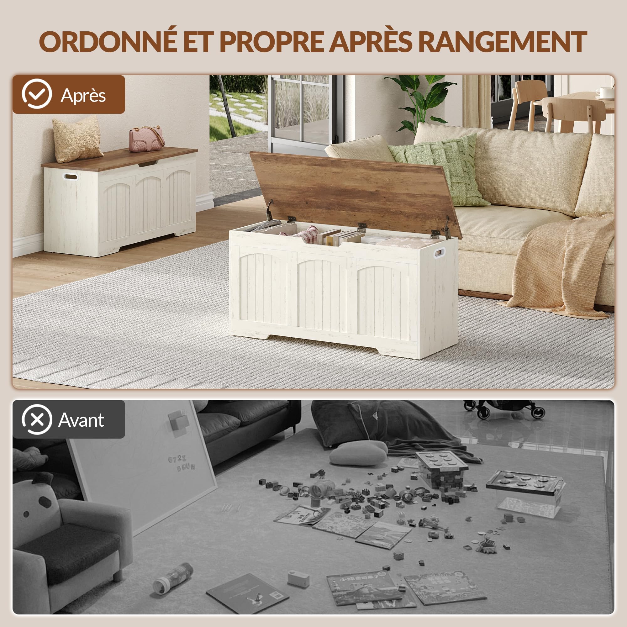 Banc Coffre de Rangement, 100 x 40 x 48 cm, Blanc et Marron | Charnières de Stabilité, Poignées Latérales Creuses, Pour Entrée, Chambre, Salon, FFXD103PWR1