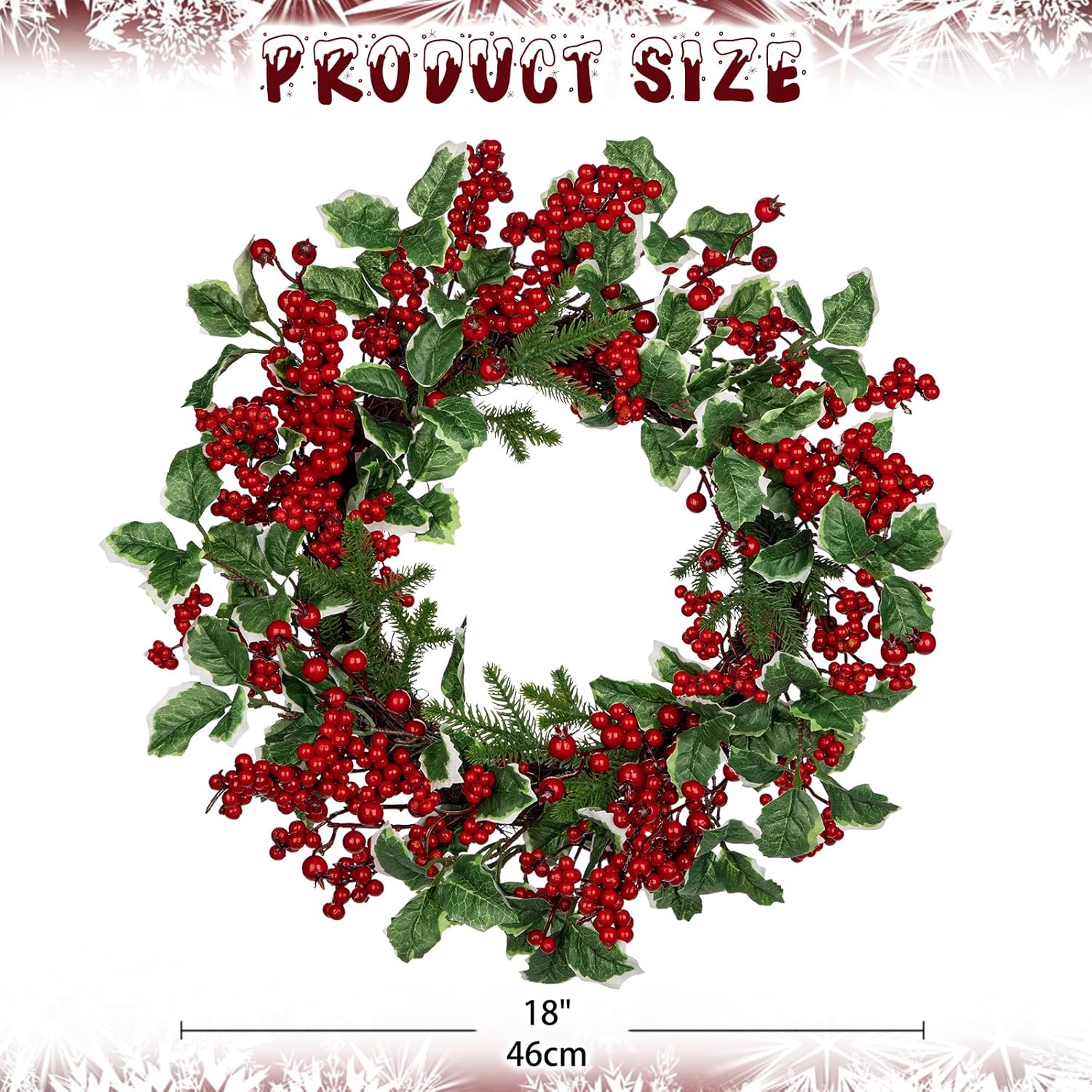 Christmas Wreath for Front Door, Real Touch Pine Artificial Wreath with Berry Clusters and Holly Leaves for Outdoor Christmas Decorations Winter Wreath, 18 Inches