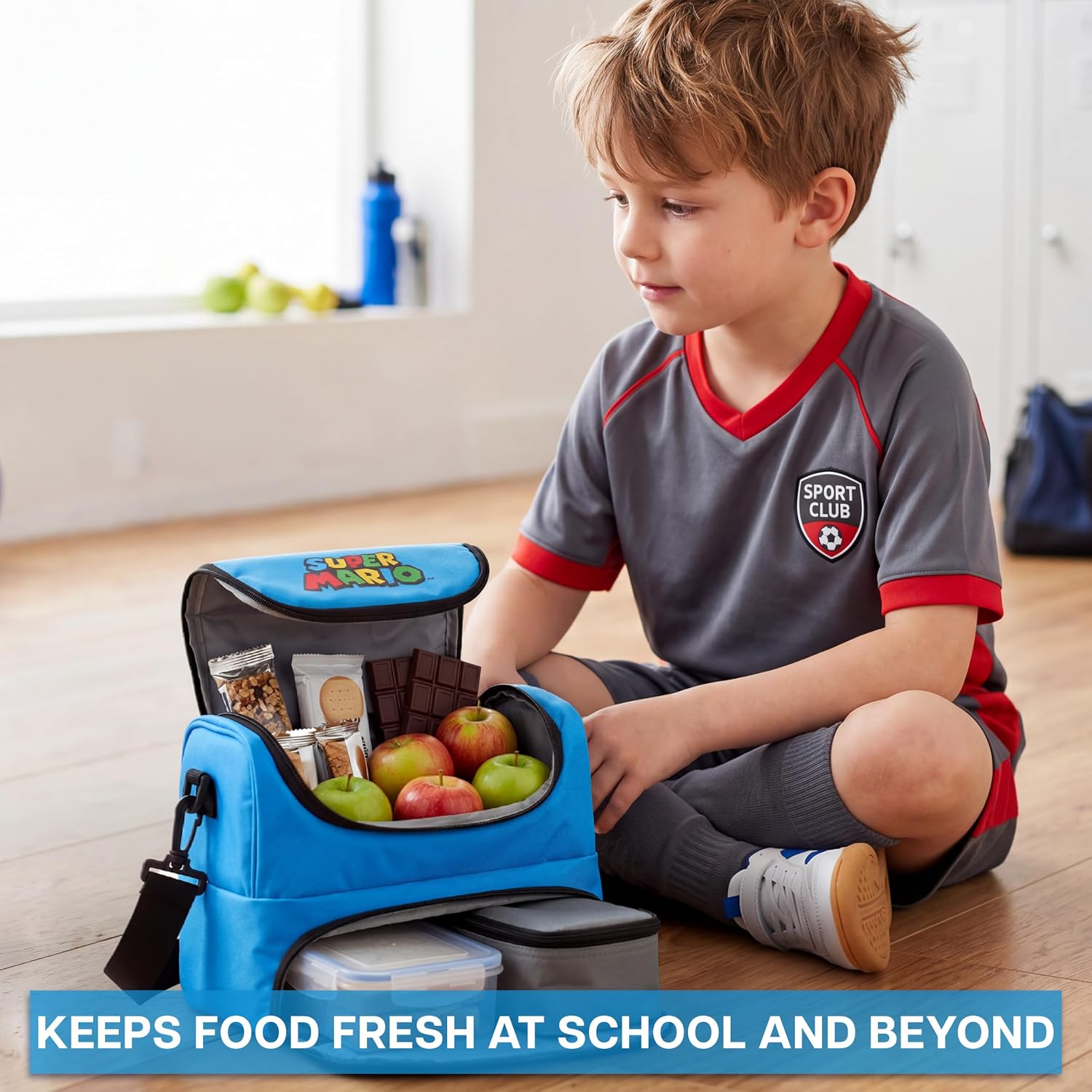 Get Trend Super Mario Insulated Kids Lunch Bag with Dual Compartment & Holds Lunch Box, Reusable Cooler Bag with Adjustable Straps for School, Travel, Picnic, Gamer Gifts for Boys (Blue Mario)