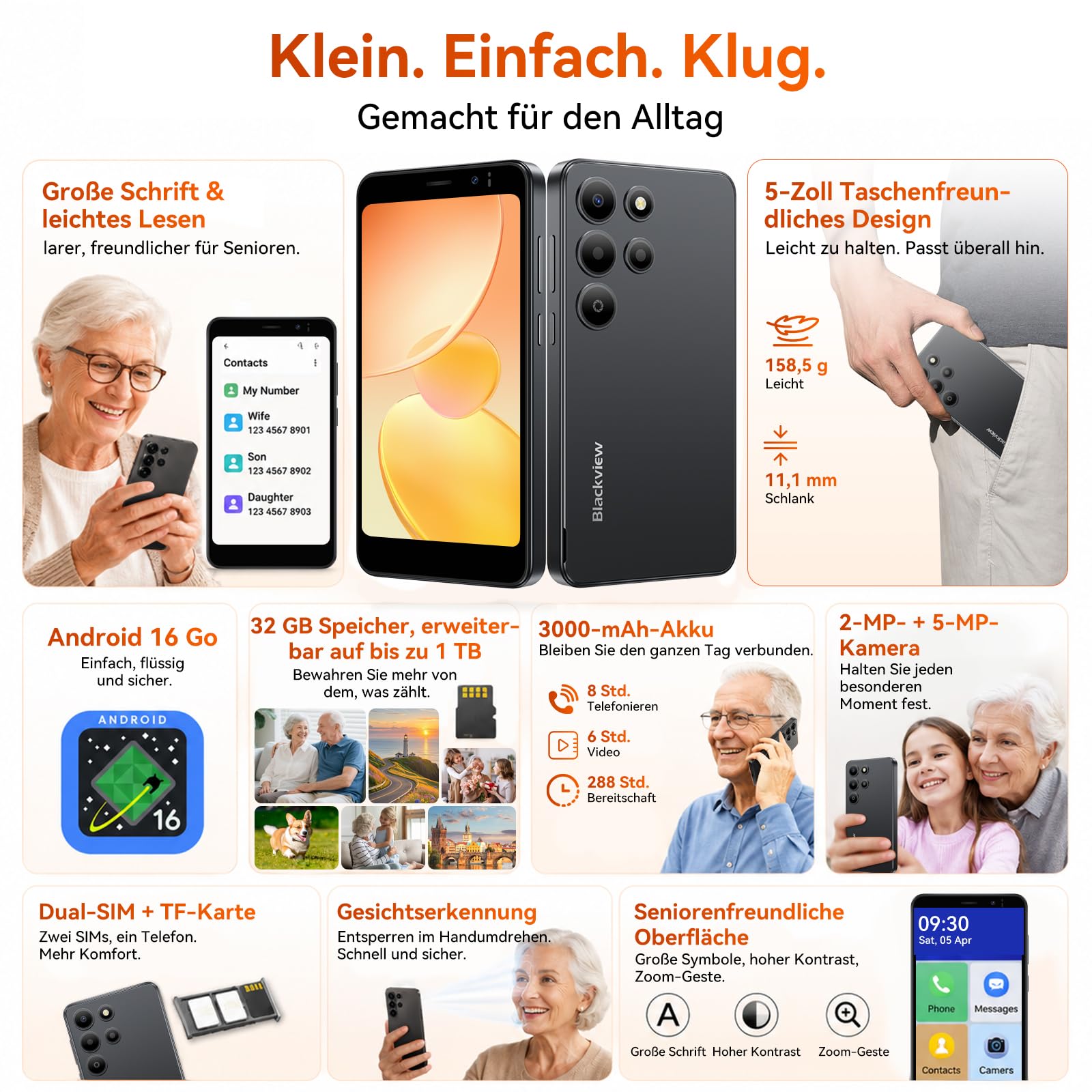 Blackview Wave 2C Mini Handy Android 16, 5" HD+ IPS Smartphone Ohne Vertrag, 9GB+32GB/1TB, 4G Dual SIM/Face ID/GPS, Schwarz