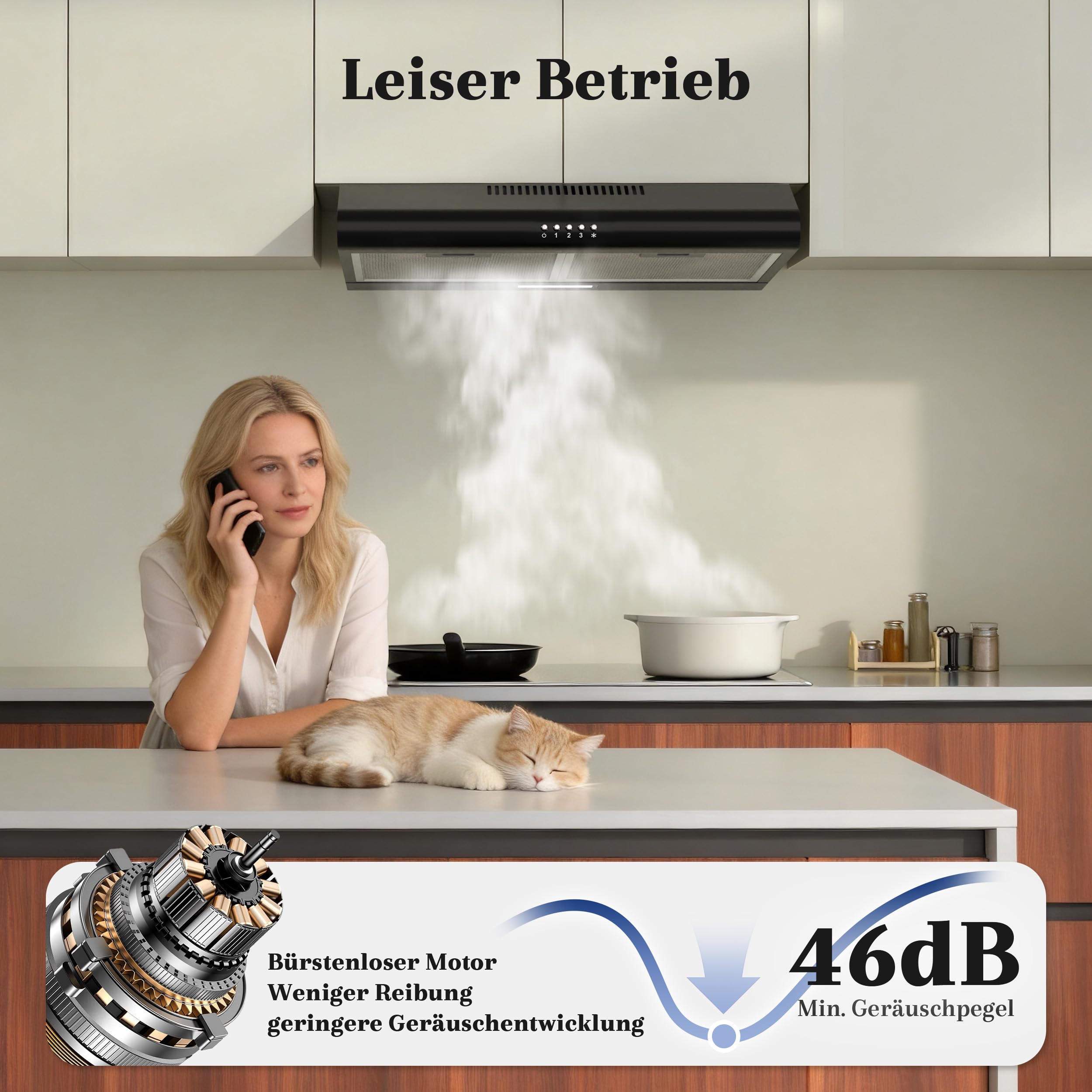 FIREGAS Dunstabzugshaube 60 cm Schwarz, 319 m³/h, Energieeffizienzklasse A++, bürstenloser Motor, Umluft & Abluft, 3 Stufen, leise, 2W LED