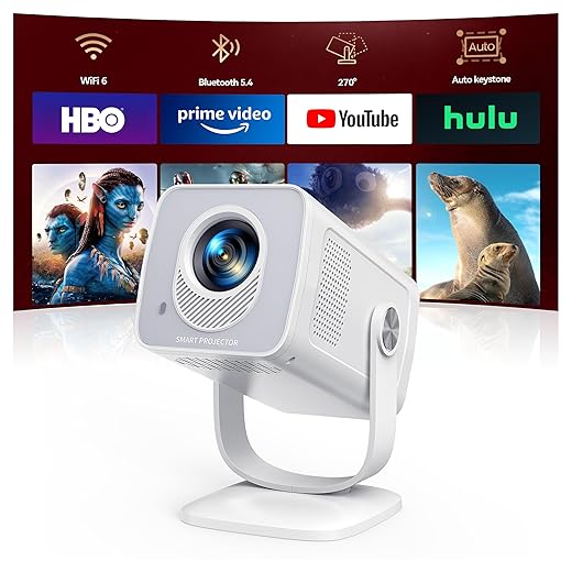 Mini Projector with WiFi6 and Two-Way Bluetooth5.4, 4K Smart 1080P Portable Outdoor Movie Proyector with Android 13 & Built-in Apps, Auto Keystone & 270° Rotation,Compatible with Phone/HDMI/TV Stick