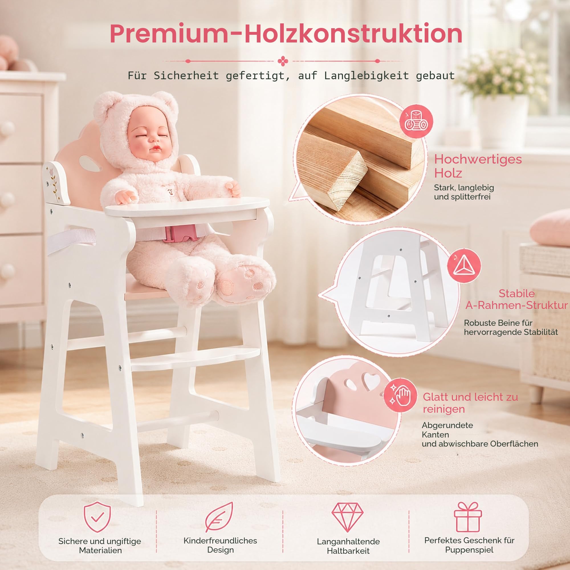 ROBOTIME Baby Puppen Hochstuhl, Holz Puppenmöbel für Puppen bis 18 Zoll, mit Sicherheitsgurt & Fußablage, Stabiler & stilvoller Puppens Fütterungsstuhl, Puppenzubehör für Kinder ab 3 Jahren (Weiß)
