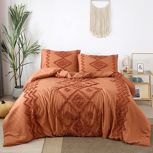 PERFEMET Burnt Orange Comforter King Size Set 3 Pieces Tufted Boho Fluffy Bedding Set Farmhouse Aesthetic Bed Set for Bedroom